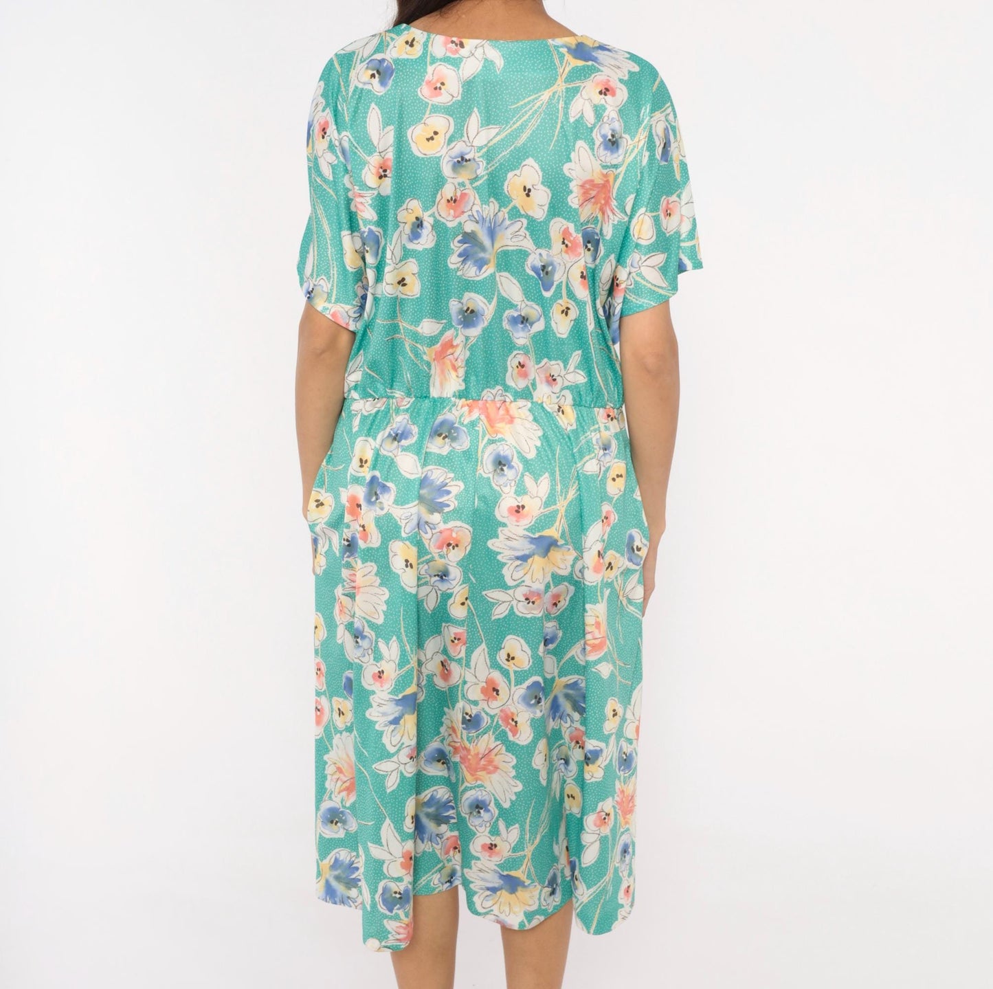 80s Pansy Floral Dress Teal V-Neck Bow Blouson Knee Length Extra Large