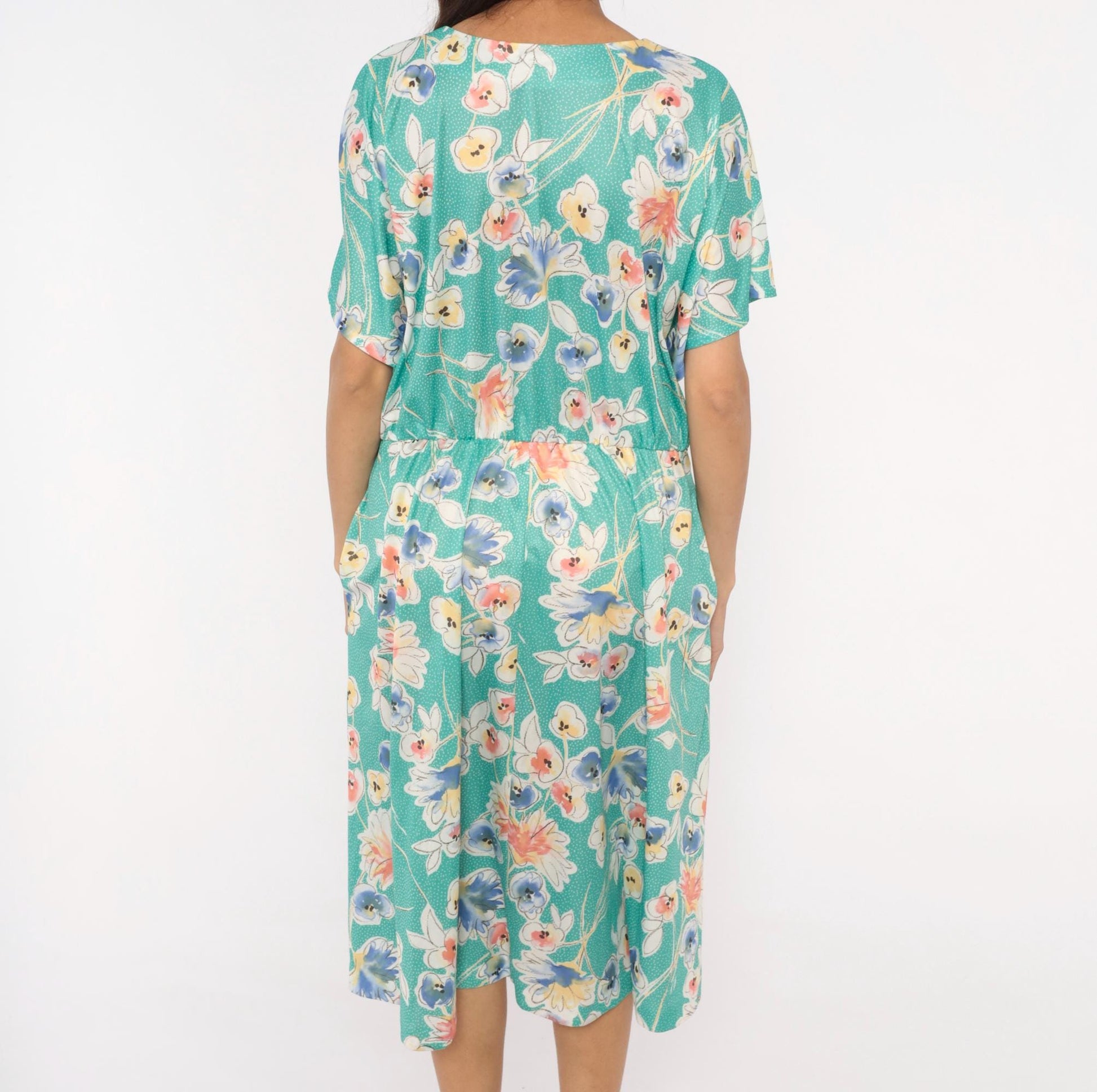 80s Pansy Floral Dress Teal V-Neck Bow Blouson Knee Length Extra Large