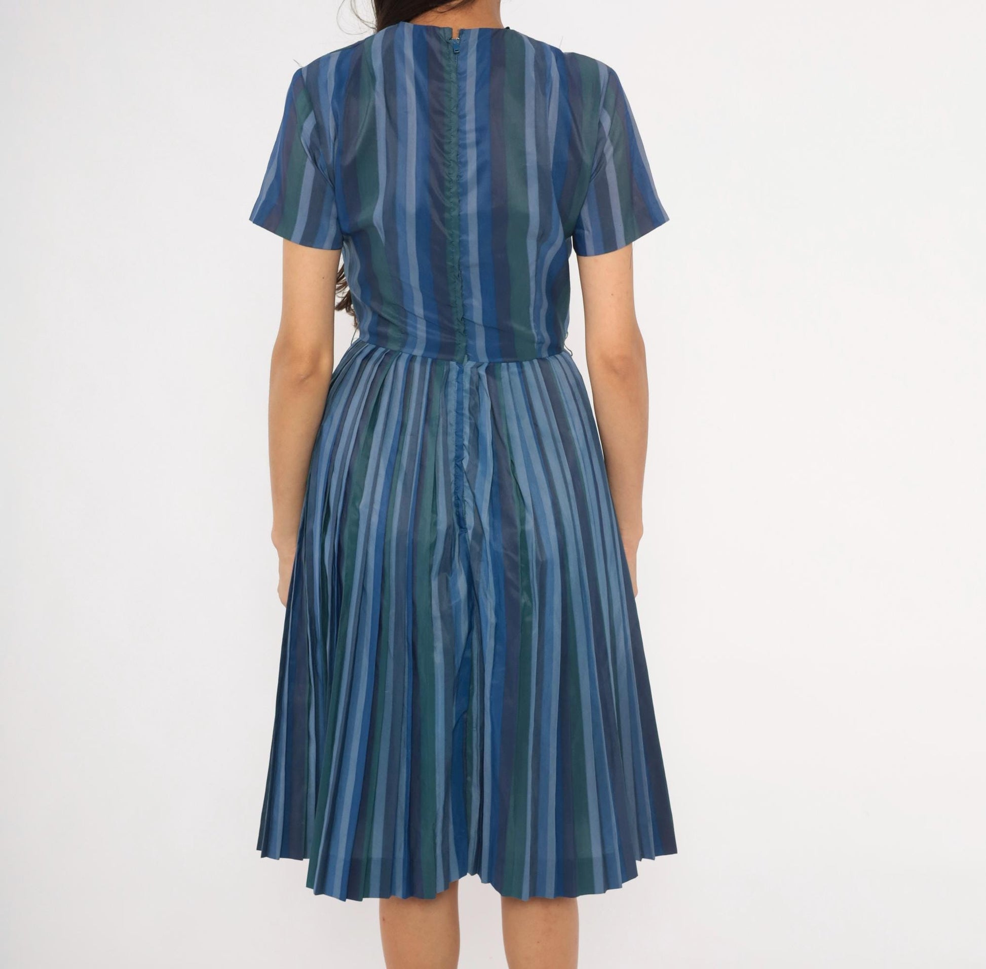 60s Stacy Ames Striped Pleated Midi Dress Navy Teal Crew Neck Small