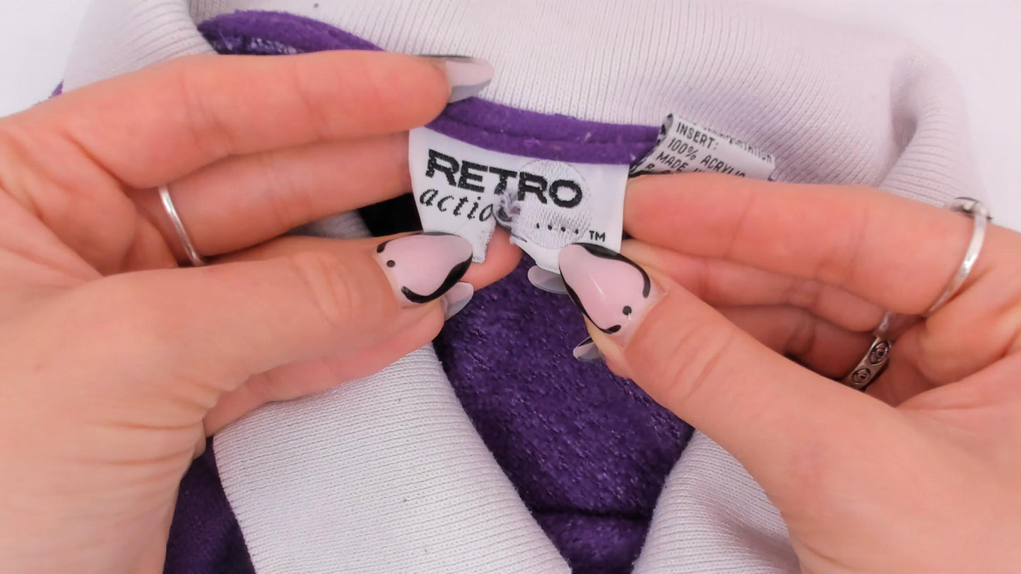 90s Purple Cat Collared Sweatshirt White Collar Plaid Bow Heart Panel Plus Size 1X