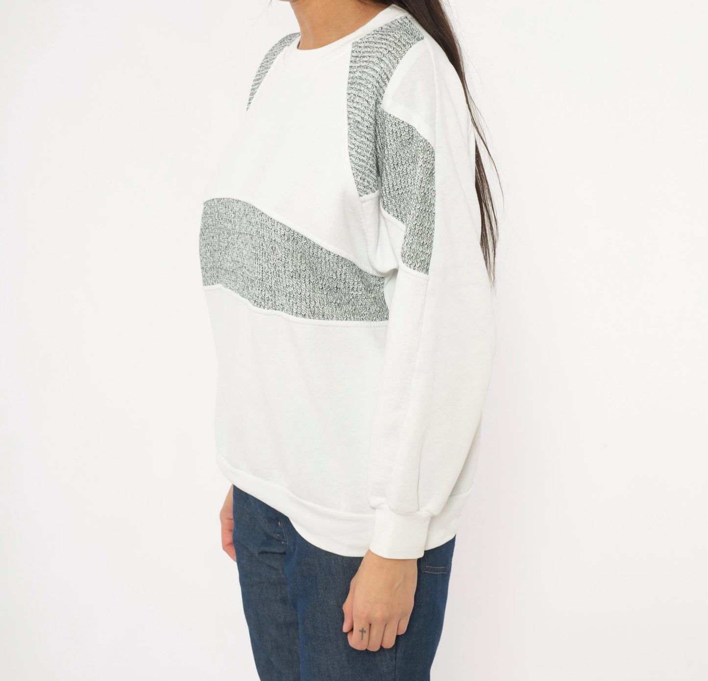 90s Fashion Force Color Block Sweatshirt White Grey Marled Raglan Large L
