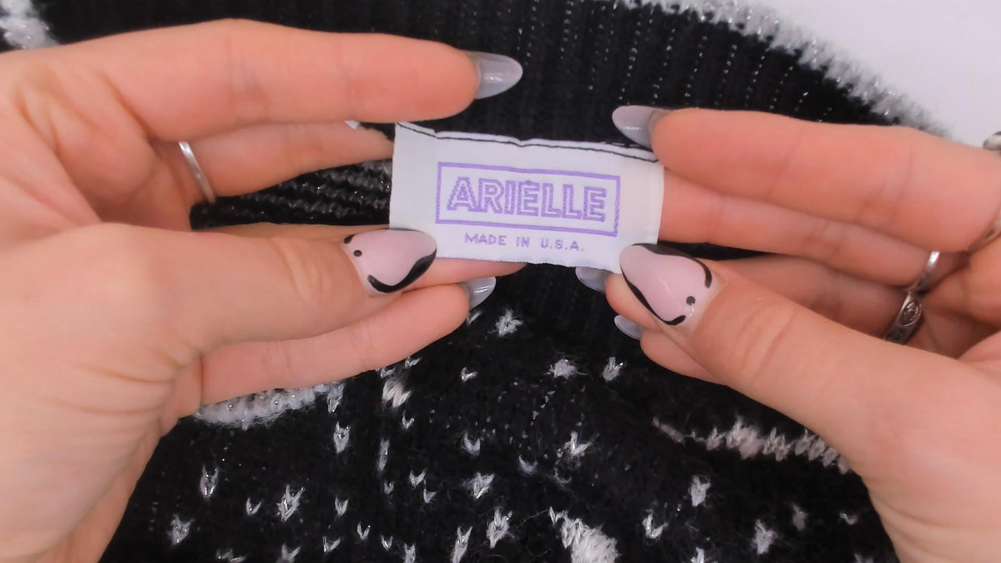 90s Arielle Greyhound Jacquard Knit Sweater Black Ivory Crewneck Large L