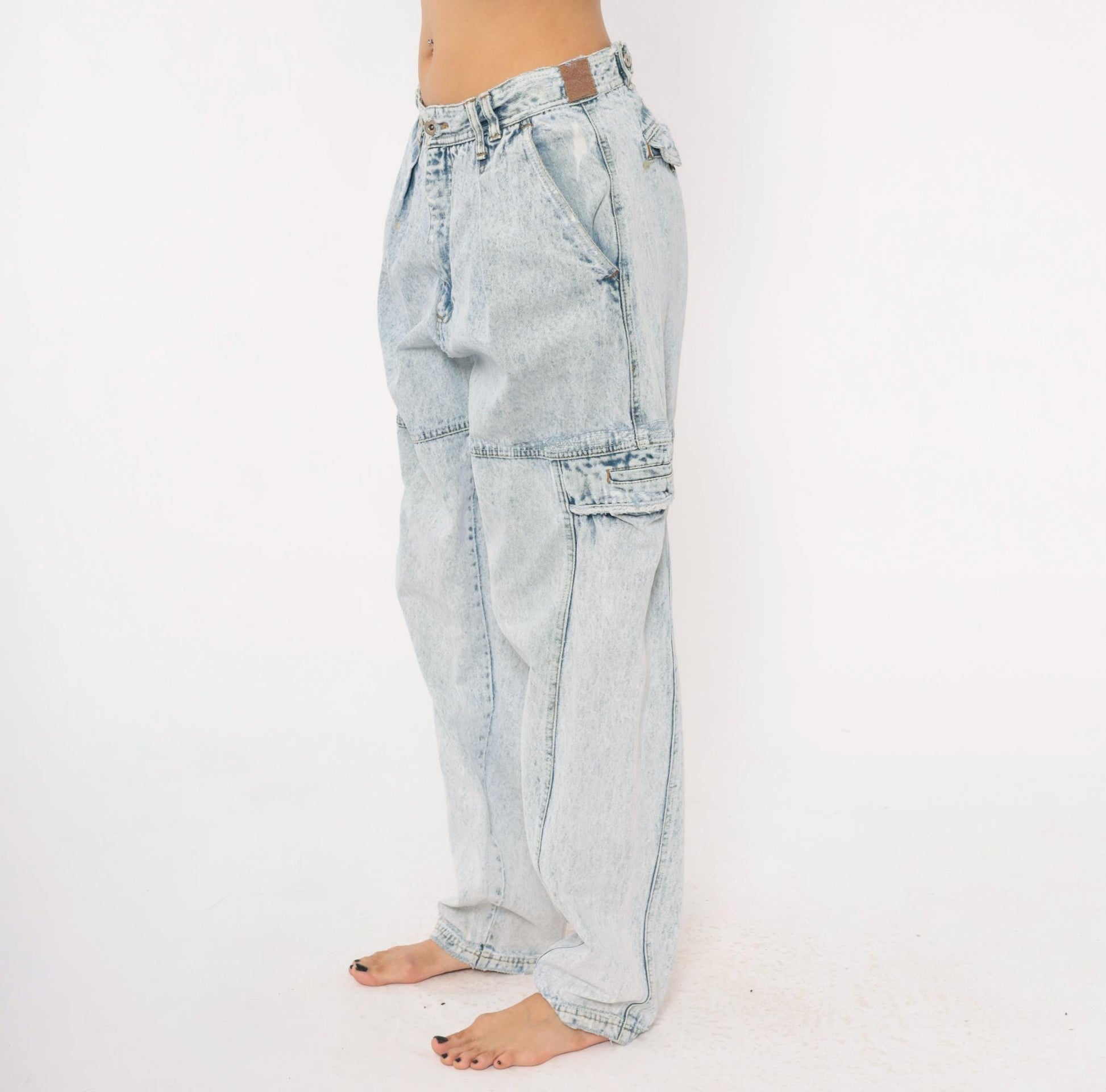80s Bugle Boy Acid Wash Cargo Jeans Light Blue High Rise 33L