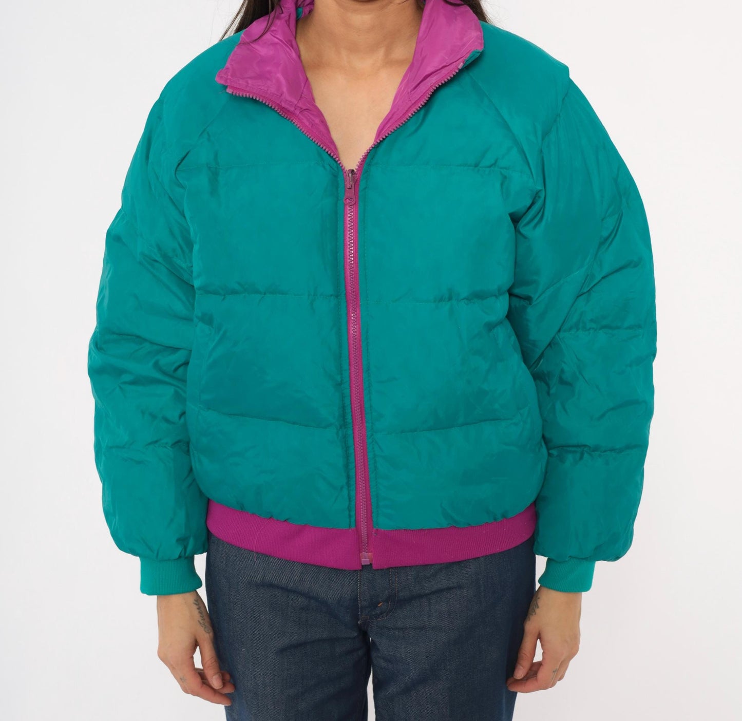 90s Paris Sport Club Reversible Down Puffer Jacket Teal Magenta Medium M