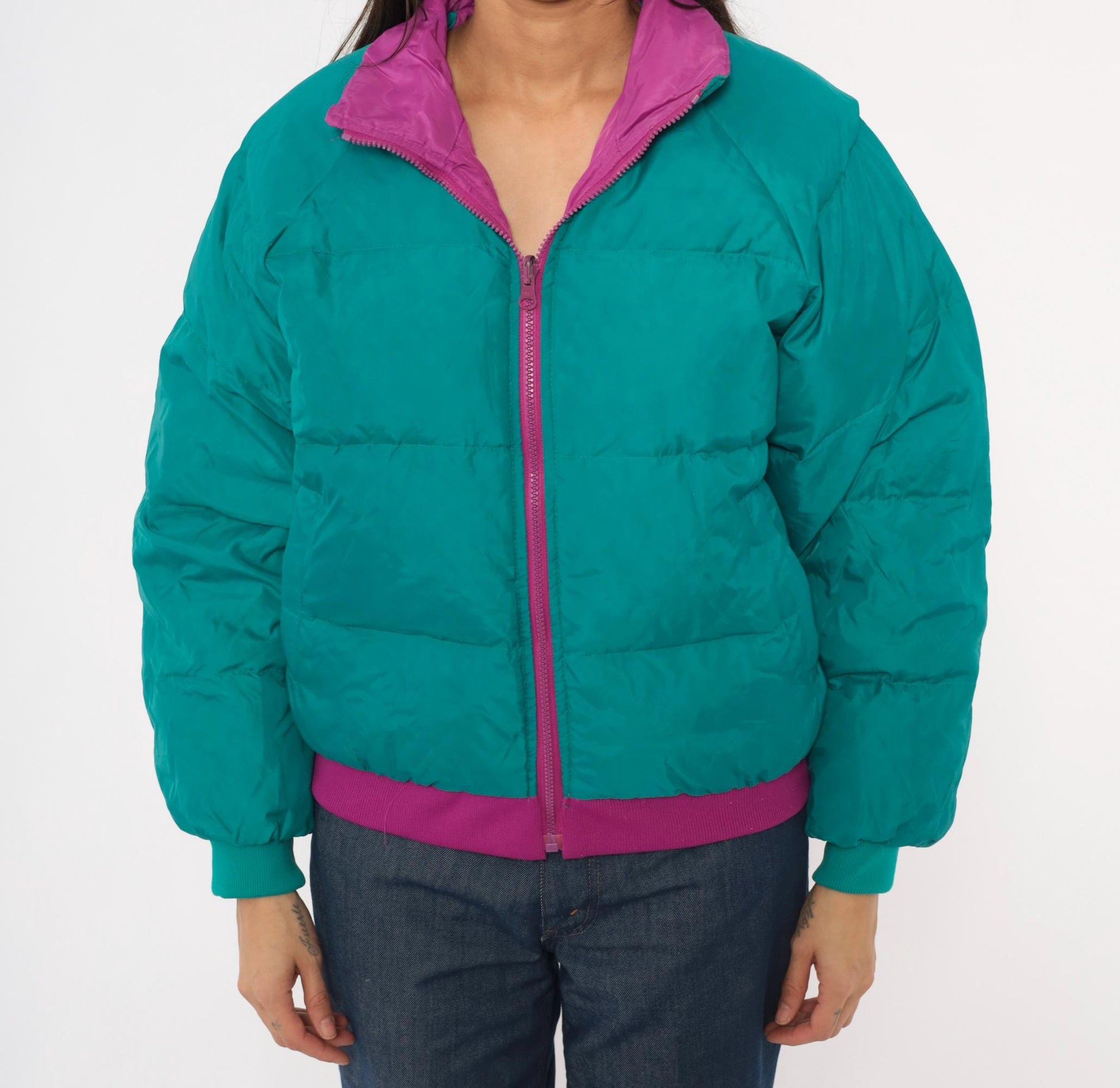 90s Paris Sport Club Reversible Down Puffer Jacket Teal Magenta Medium M
