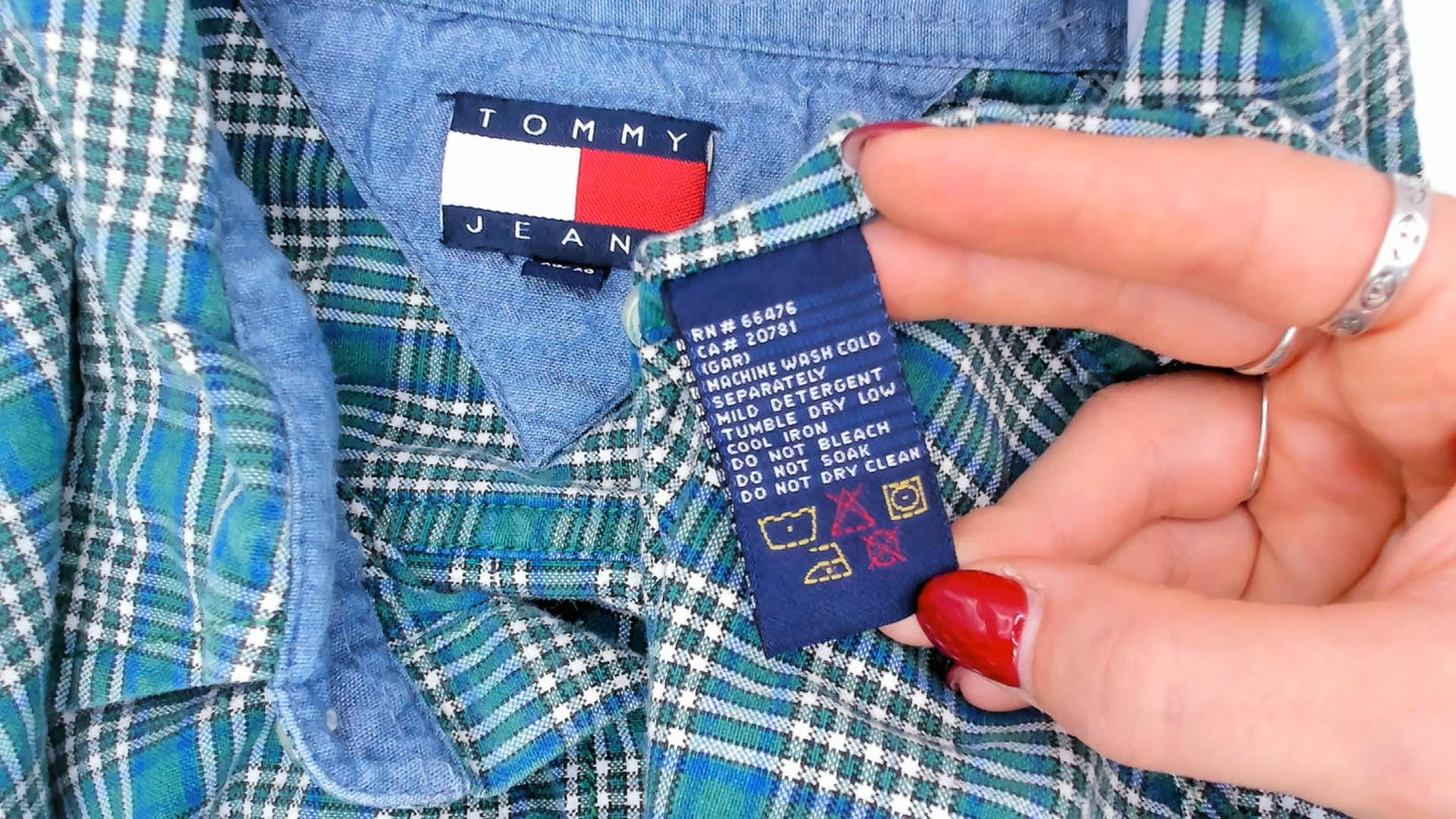 Y2K Tommy Jeans Plaid Flannel Shirt Teal Cotton Button-Up Extra Large