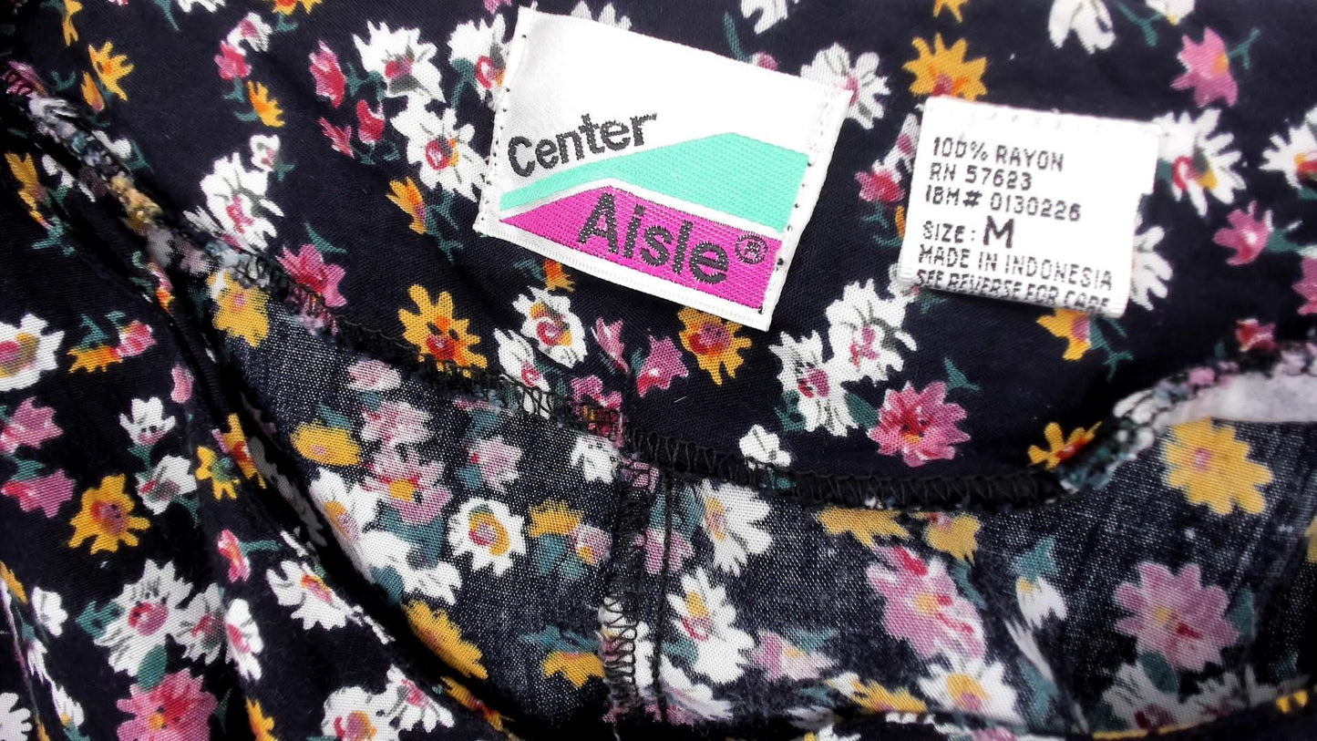 90s Center Aisle Black Floral Romper Daisy Print Rayon V-Neck Medium M