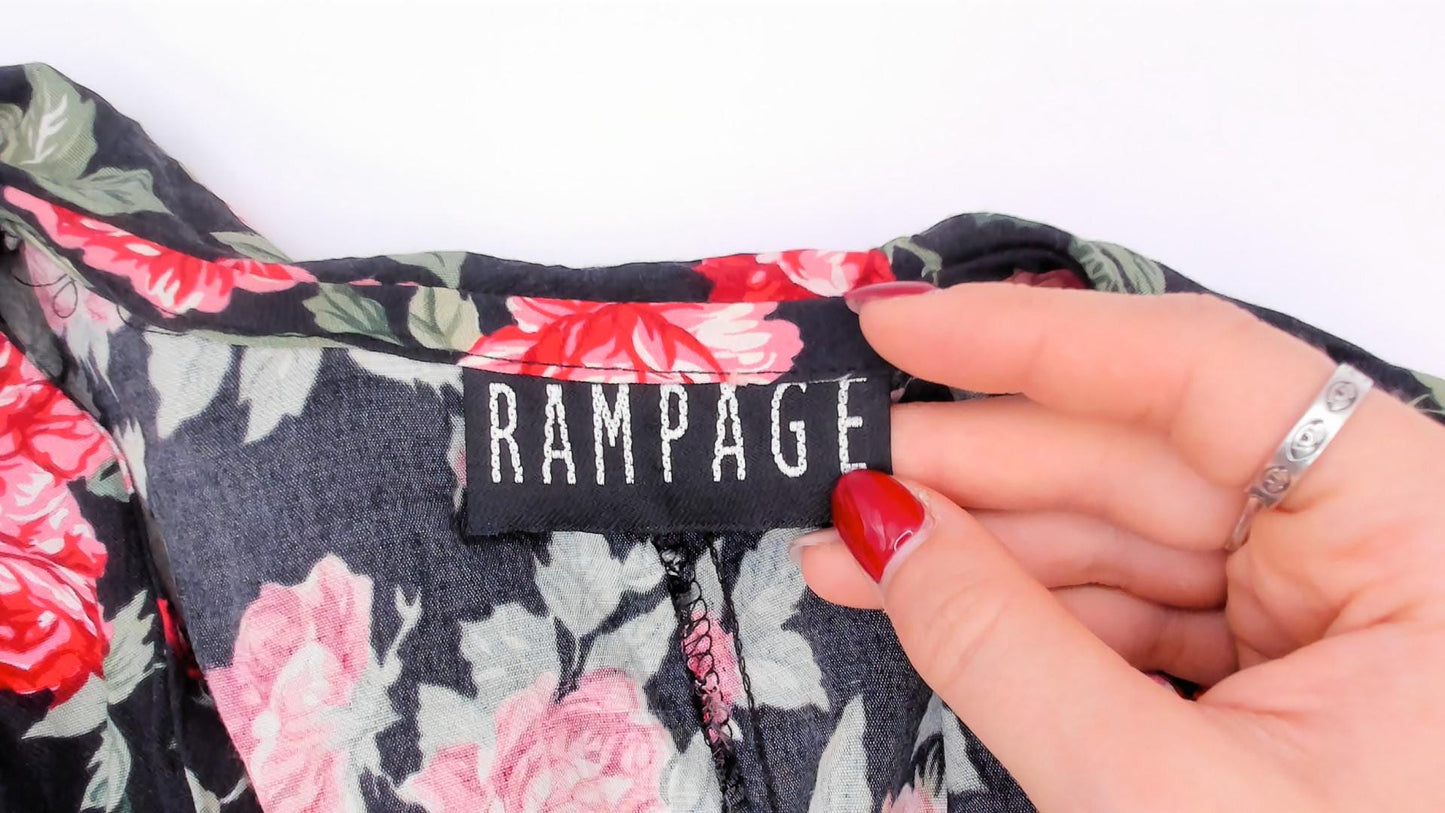 90s Rampage Rose Print Mini Dress Black Floral V-Neck Ruffle Long Sleeve Small