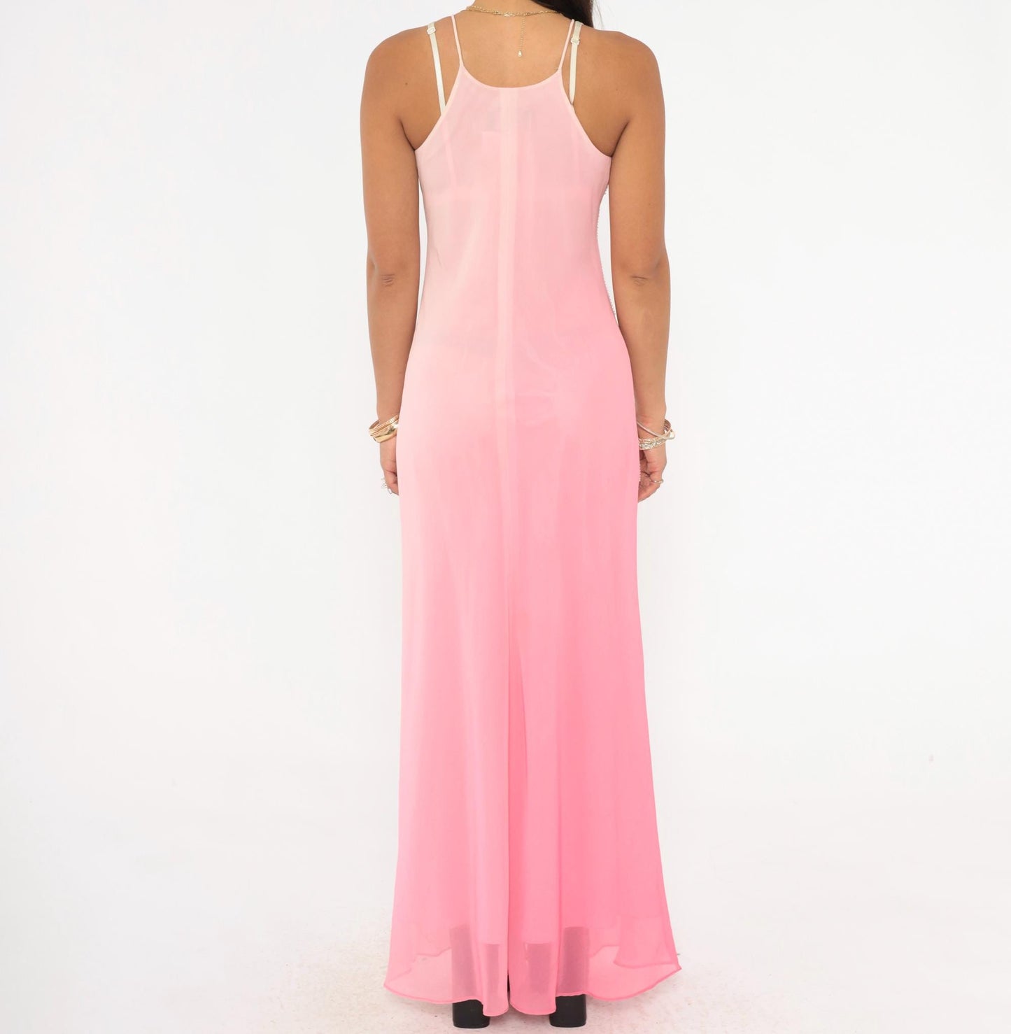 2000s Pink Ombre Beaded Maxi Gown Halter Chiffon Chelsea Nites Small