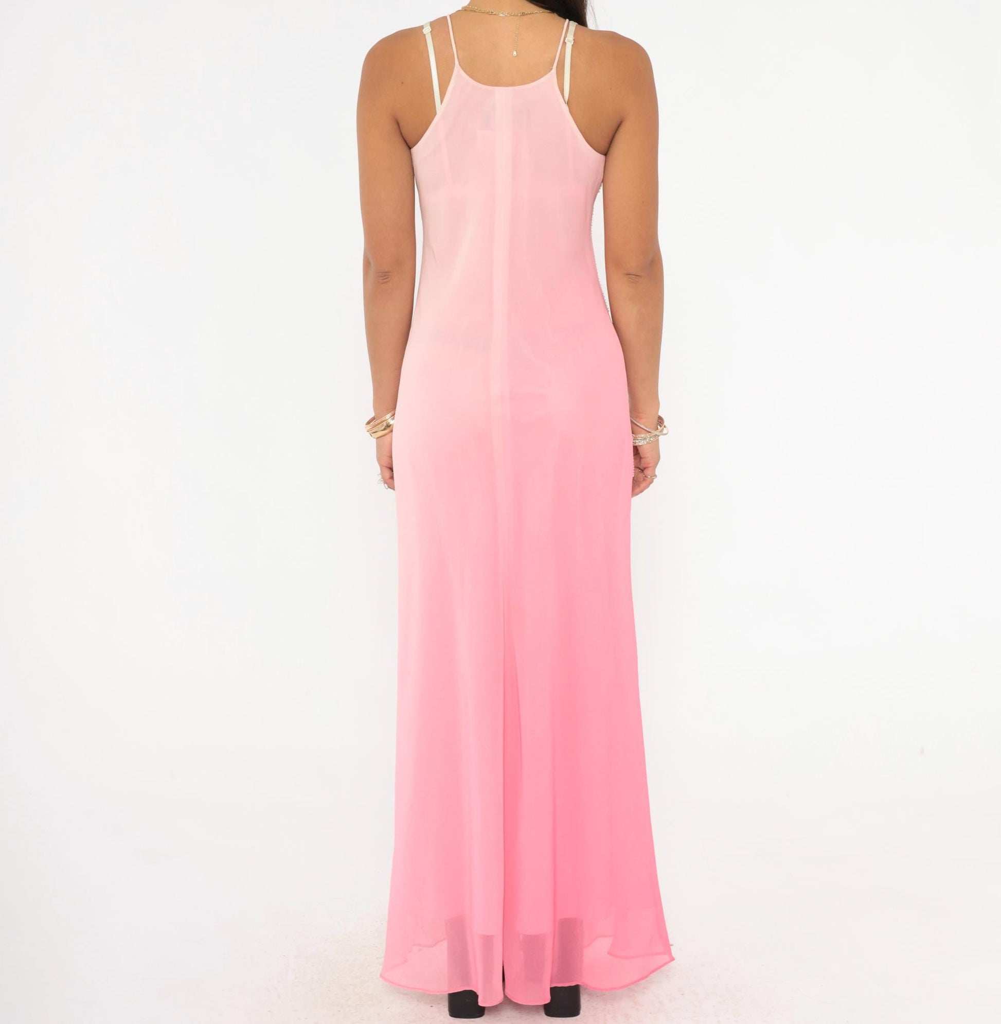 2000s Pink Ombre Beaded Maxi Gown Halter Chiffon Chelsea Nites Small