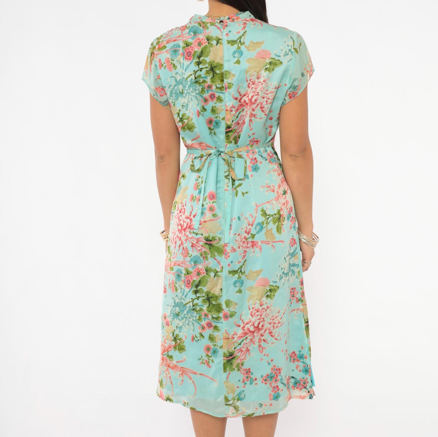 2000s Charlotte Russe Chrysanthemum Floral Midi Dress V-Neck Cap Sleeve Teal Medium M