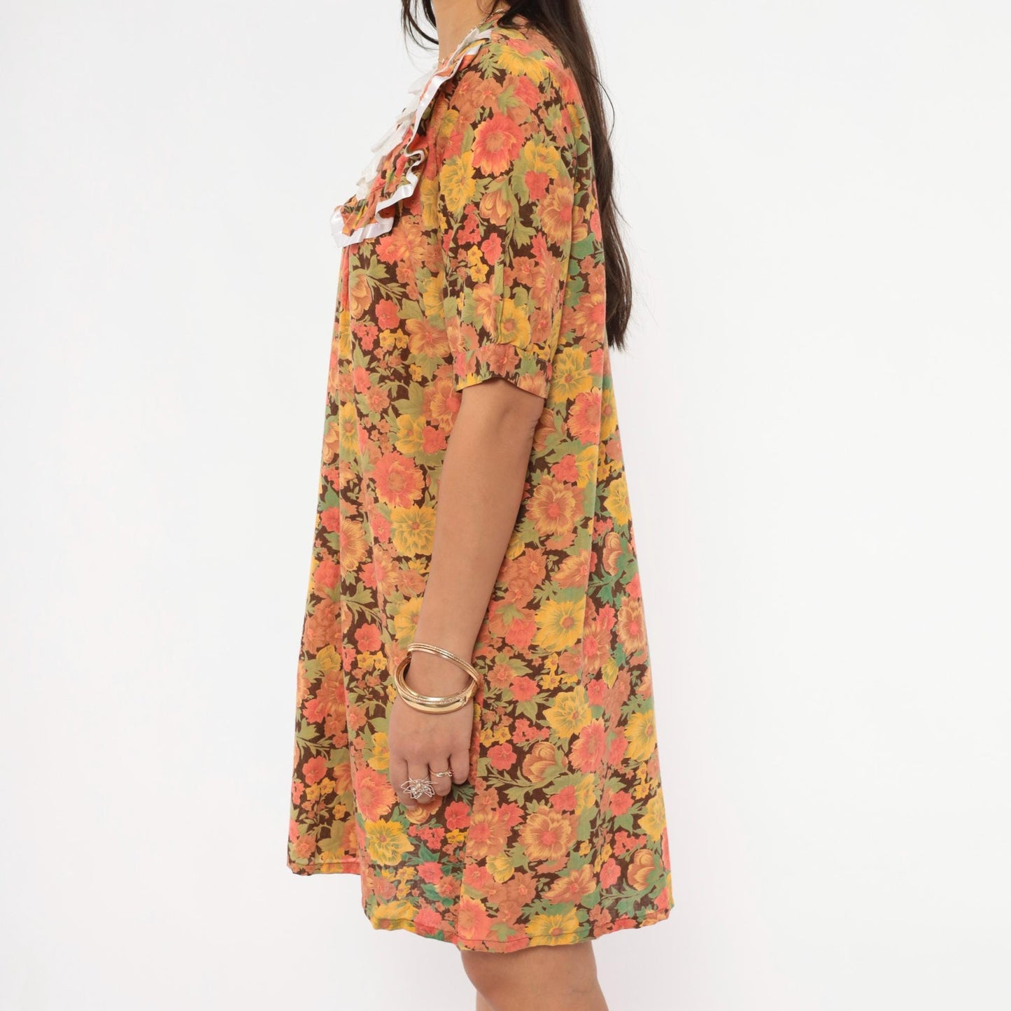 70s Floral Cotton Shift Dress Eyelet Lace Collar Brown Garden Print Mini Medium M