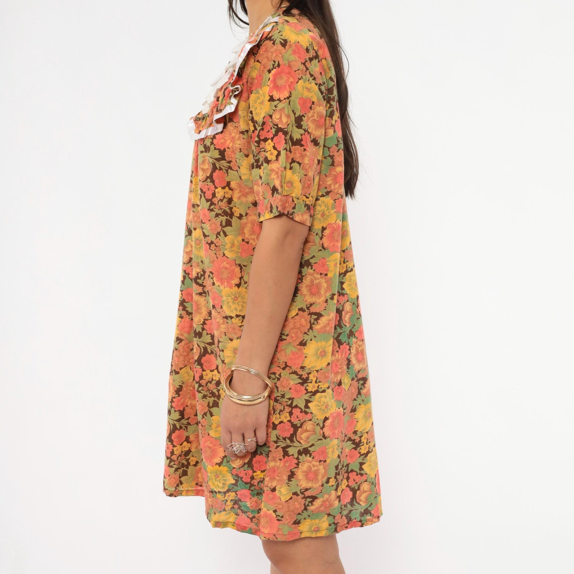 70s Floral Cotton Shift Dress Eyelet Lace Collar Brown Garden Print Mini Medium M
