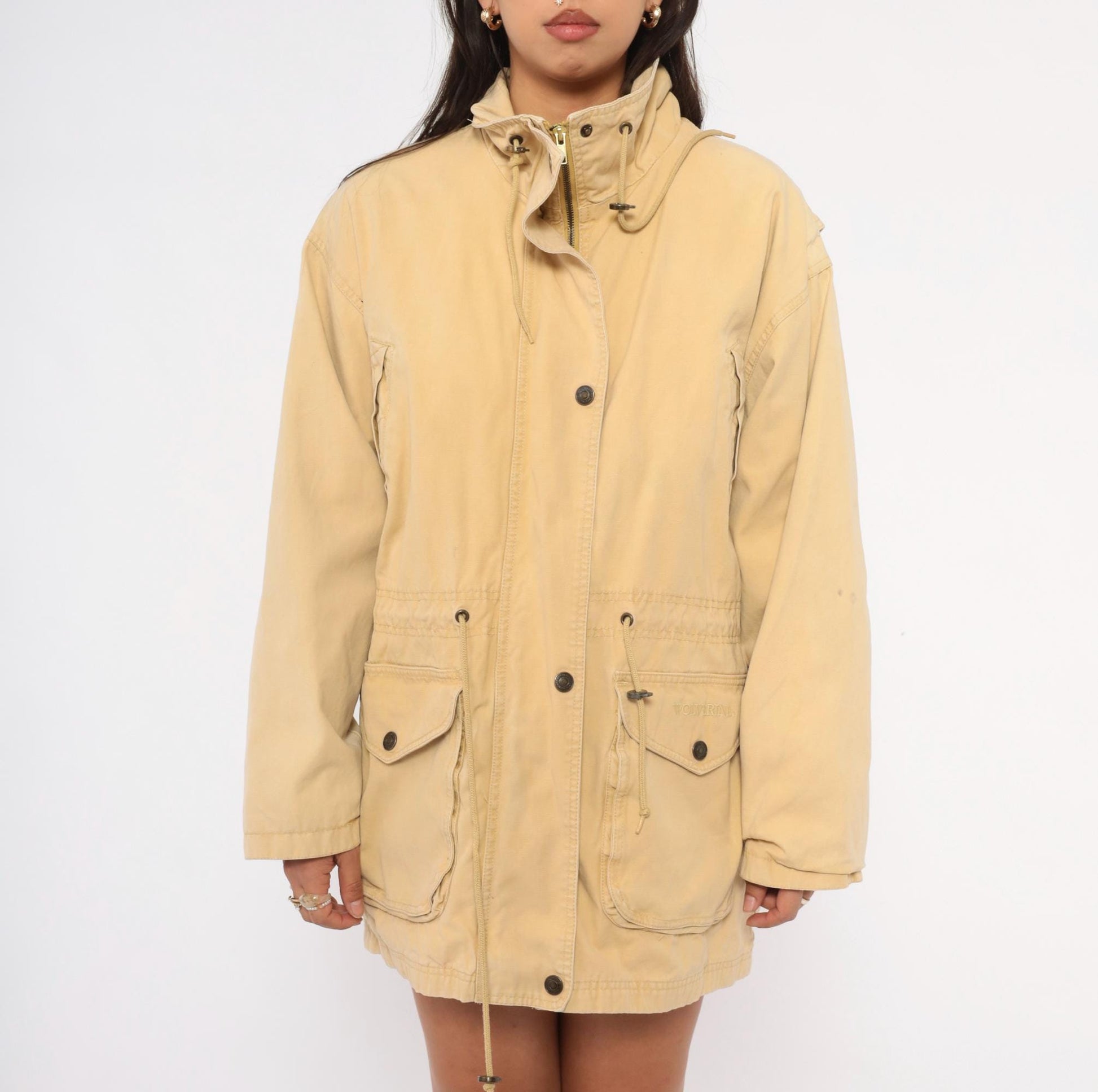 90s World Adventure Wolverine Tan Parka Cargo Jacket High Collar Small Petite