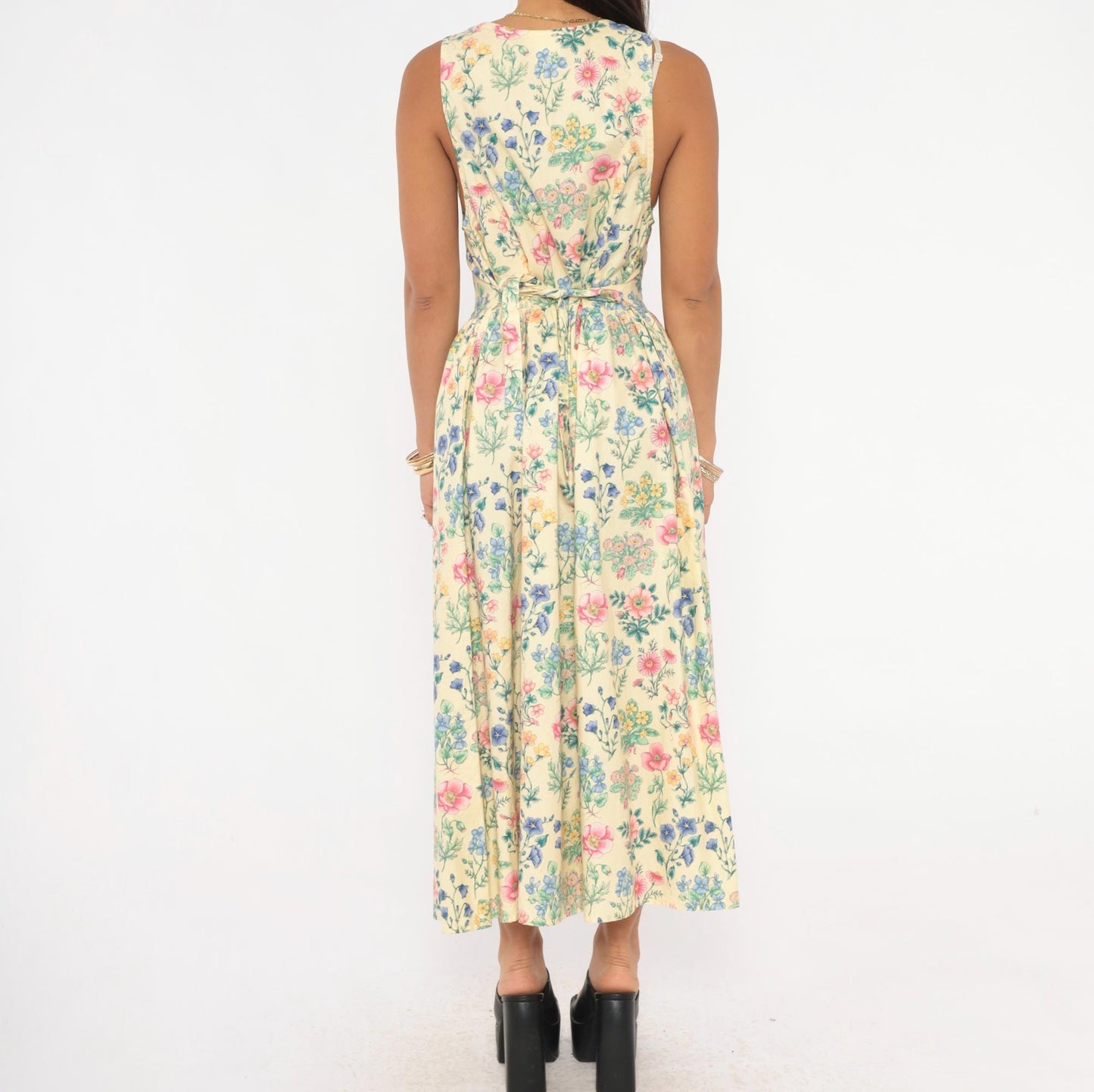 90s Faith Mountain Company Botanical Midi Dress Butter Yellow Floral V-Neck Small