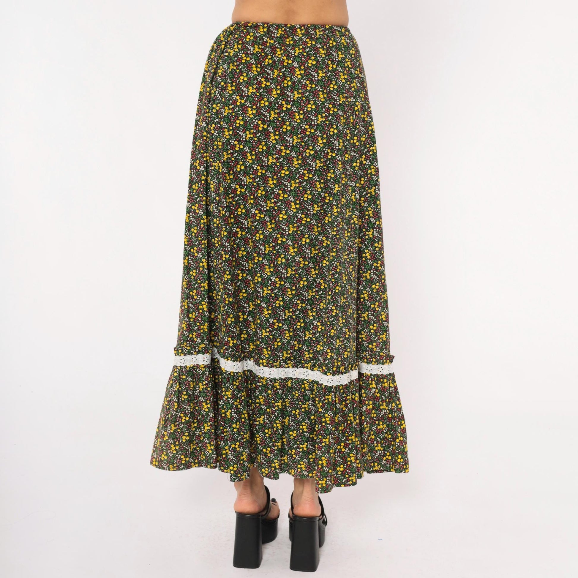 70s Black Ditsy Floral Maxi Skirt Cotton Ruffle Eyelet Lace Trim Extra Small