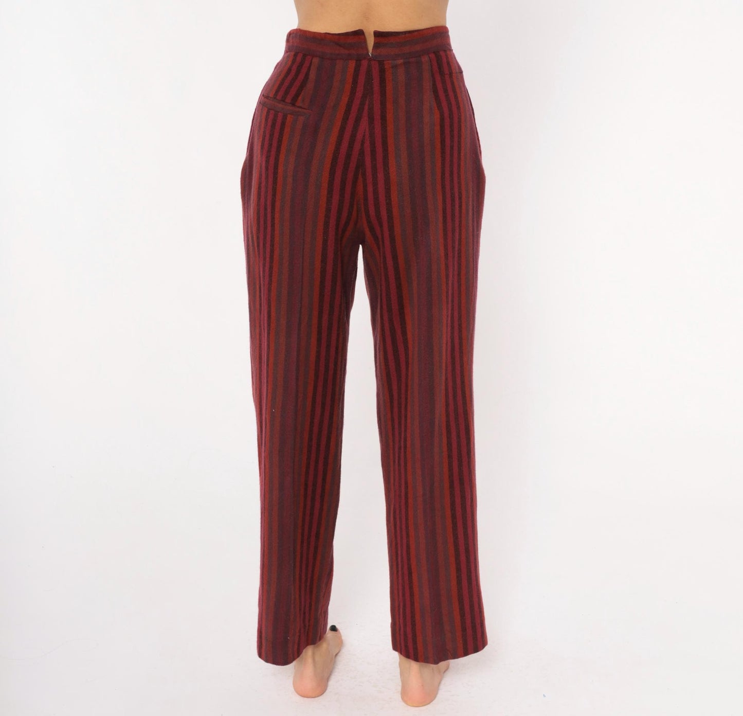 70s Burgundy Striped High Waist Tapered Trousers Pleated Front Small