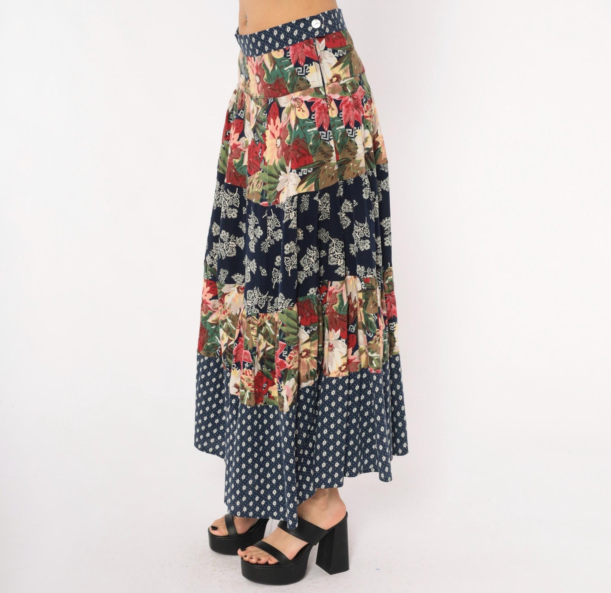 80s Patchwork Tiered Midi Skirt Floral Navy Cotton Medium M