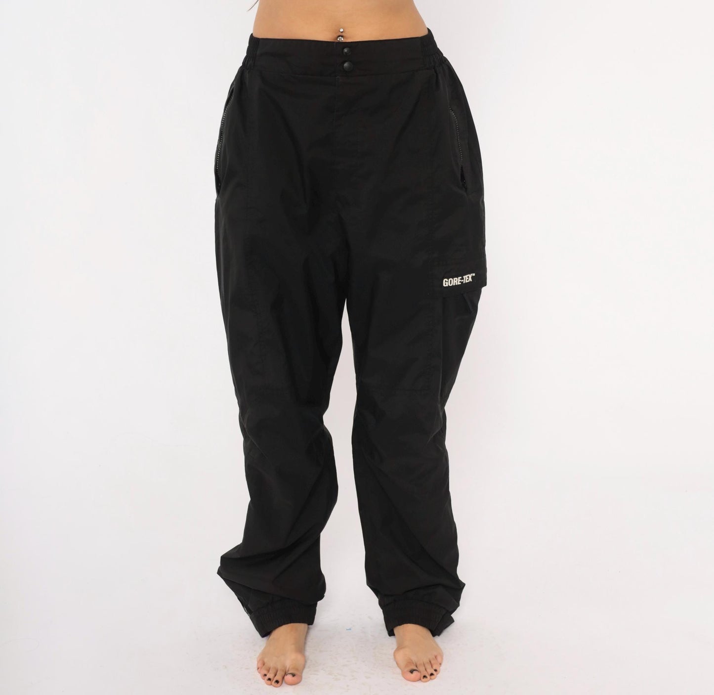 2000s Gore-Tex Black Nylon Shell Pants Cargo Pocket Snap Waist Large L