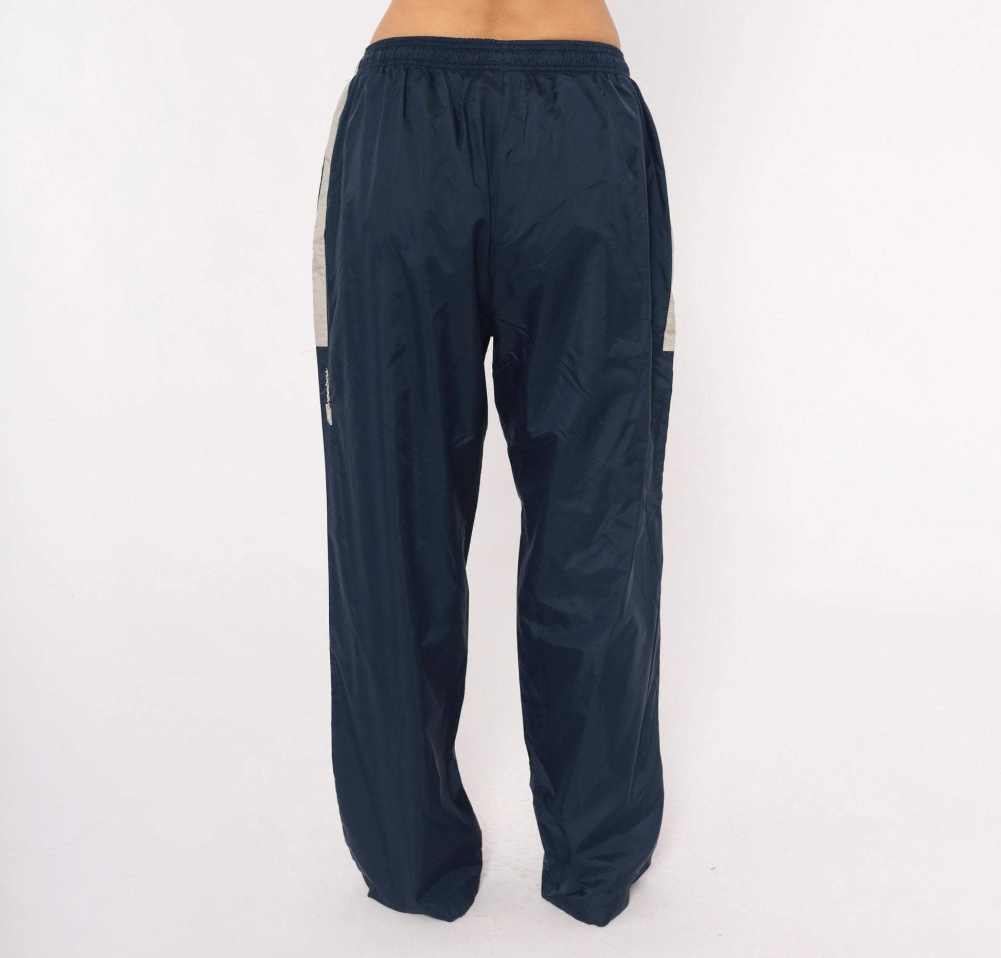 90s Reebok Navy Track Pants Nylon Elastic Waist Straight Leg Large L