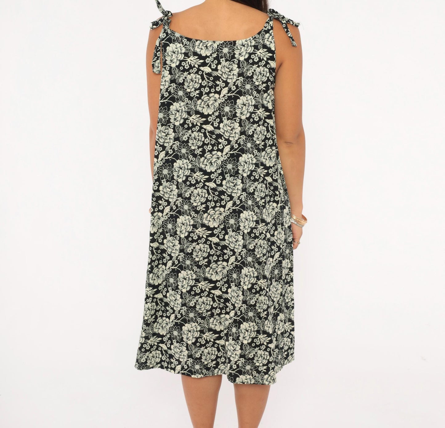 80s Floral Bird Print Sundress Black Cream Tie Shoulder A-Line Knee Length Medium M