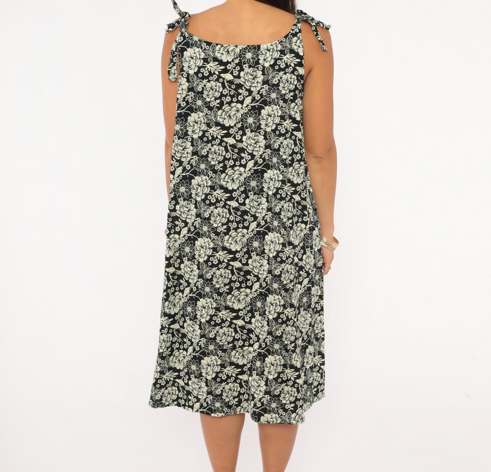 80s Floral Bird Print Sundress Black Cream Tie Shoulder A-Line Knee Length Medium M