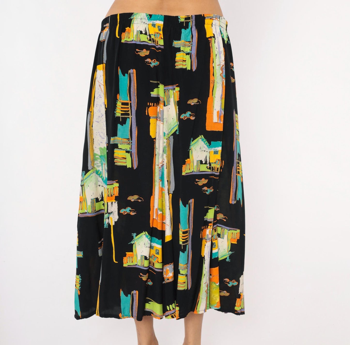 90s Sharon Anthony Maxi Skirt Cityscape Print Black Teal Orange Extra Large