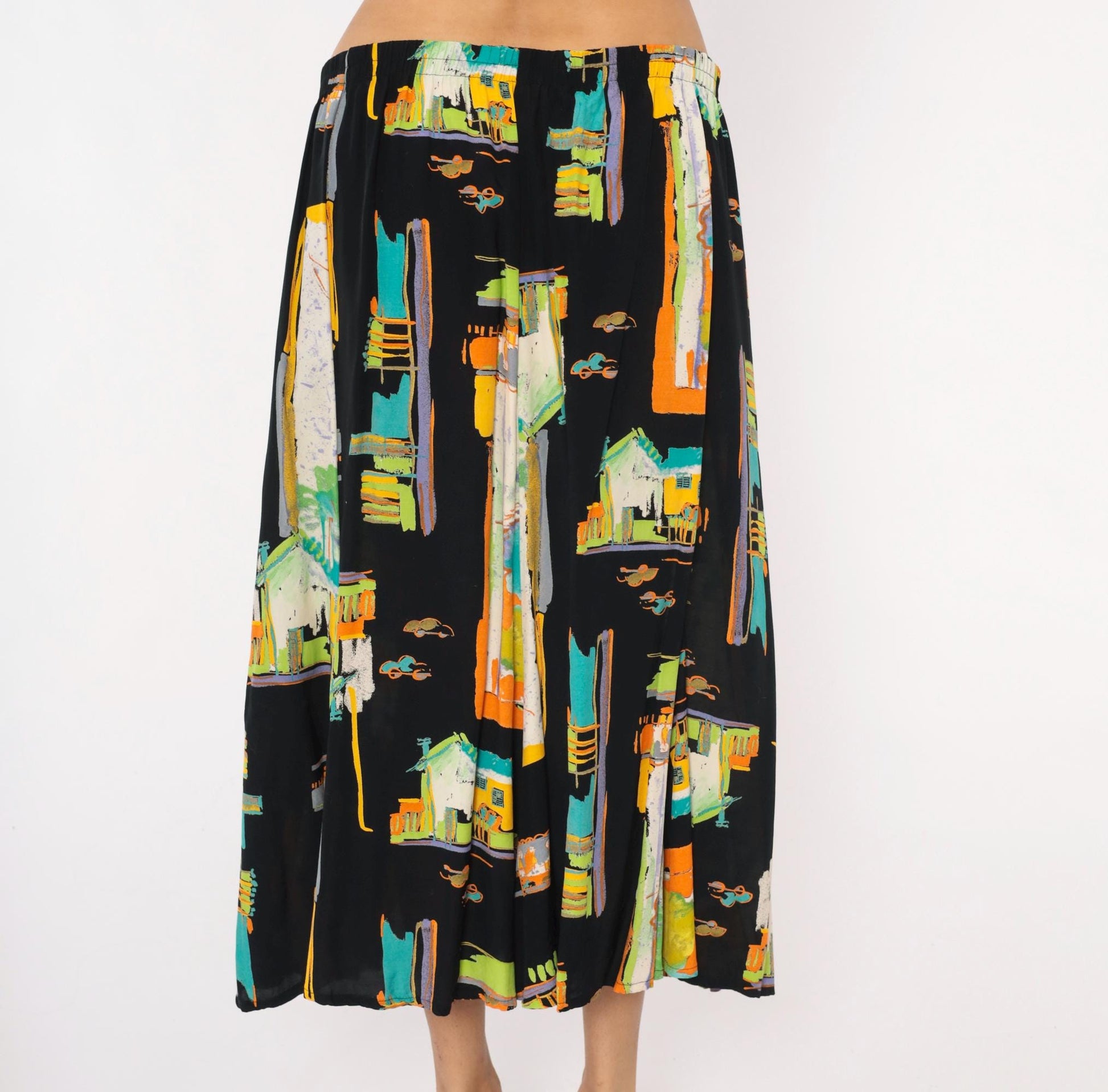 90s Sharon Anthony Maxi Skirt Cityscape Print Black Teal Orange Extra Large