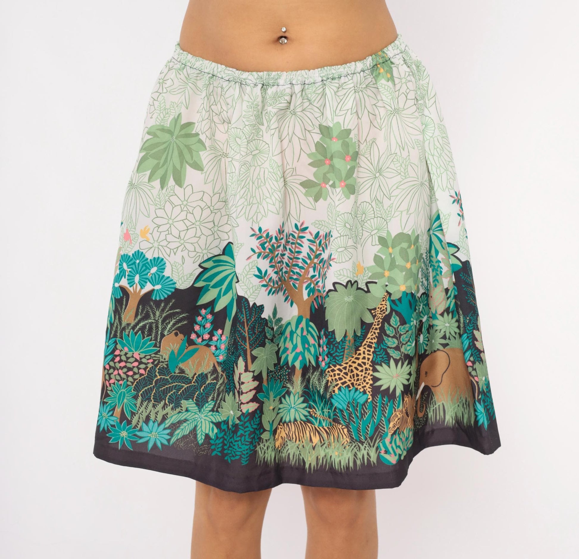 80s Jungle Safari Animal Print A-Line Skirt Knee-Length Cream Small Medium