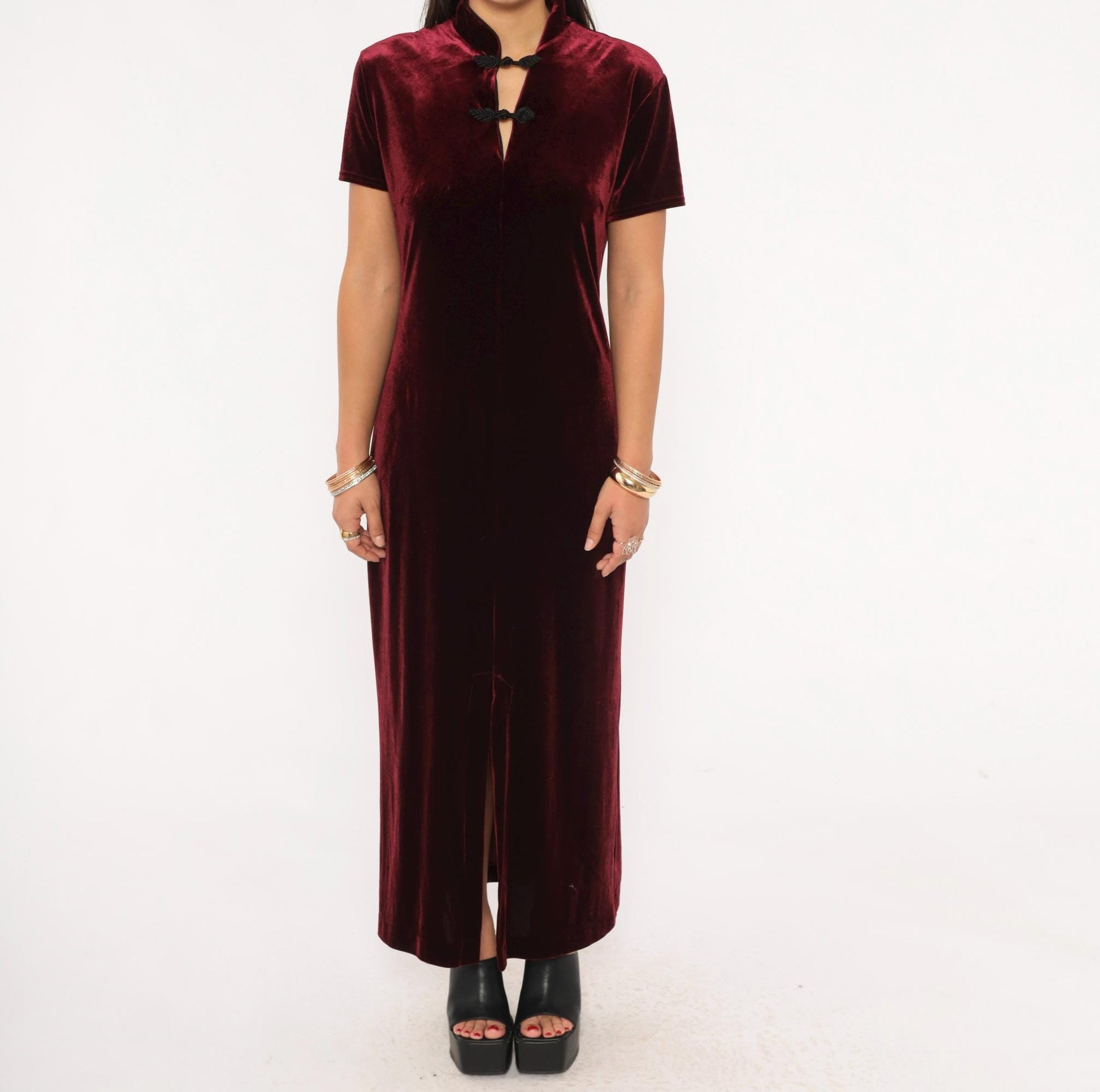 90s Dressing Clio Burgundy Velvet Cheongsam Maxi Dress Mandarin Collar Medium M