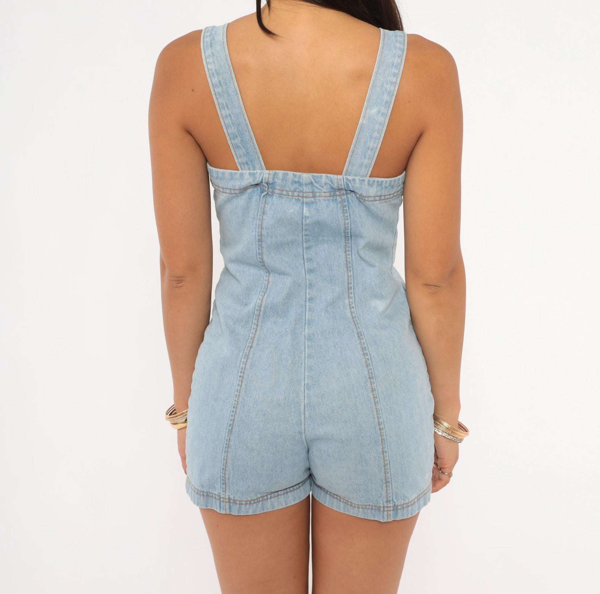 90s Pottery Denim Mini Romper Light Wash Sweetheart Neckline Extra Small XS