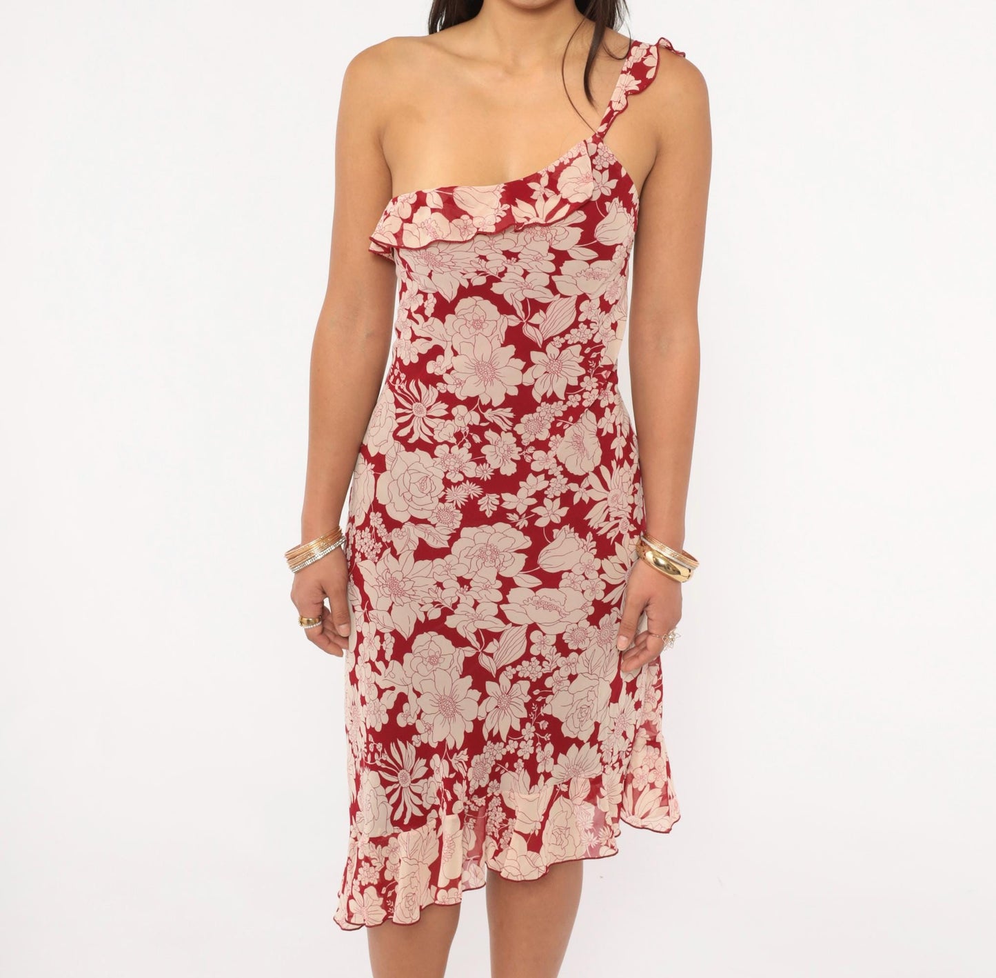 Y2K Debut USA Floral One-Shoulder Dress Red Cream Knee-Length Large L