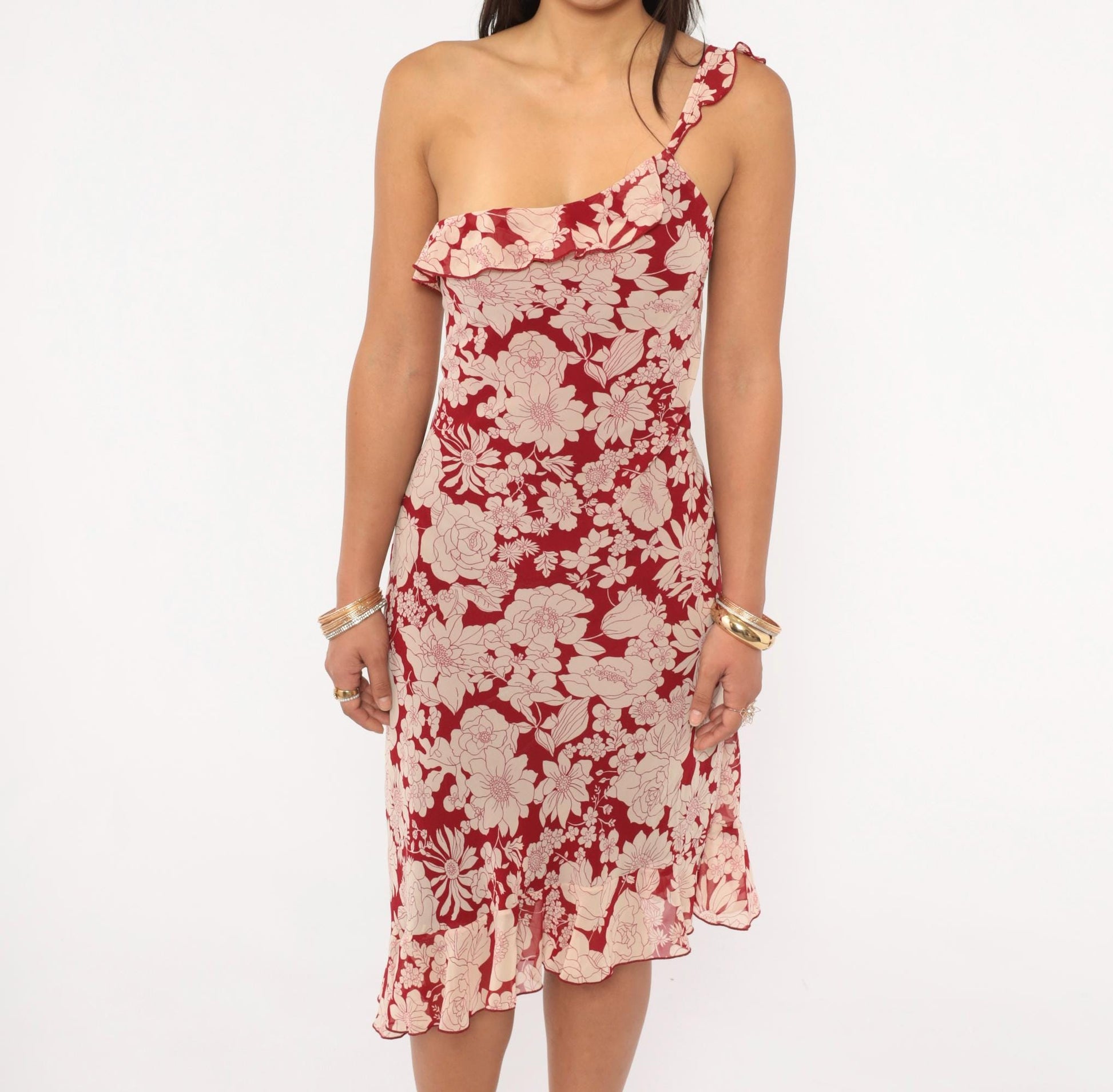 Y2K Debut USA Floral One-Shoulder Dress Red Cream Knee-Length Large L