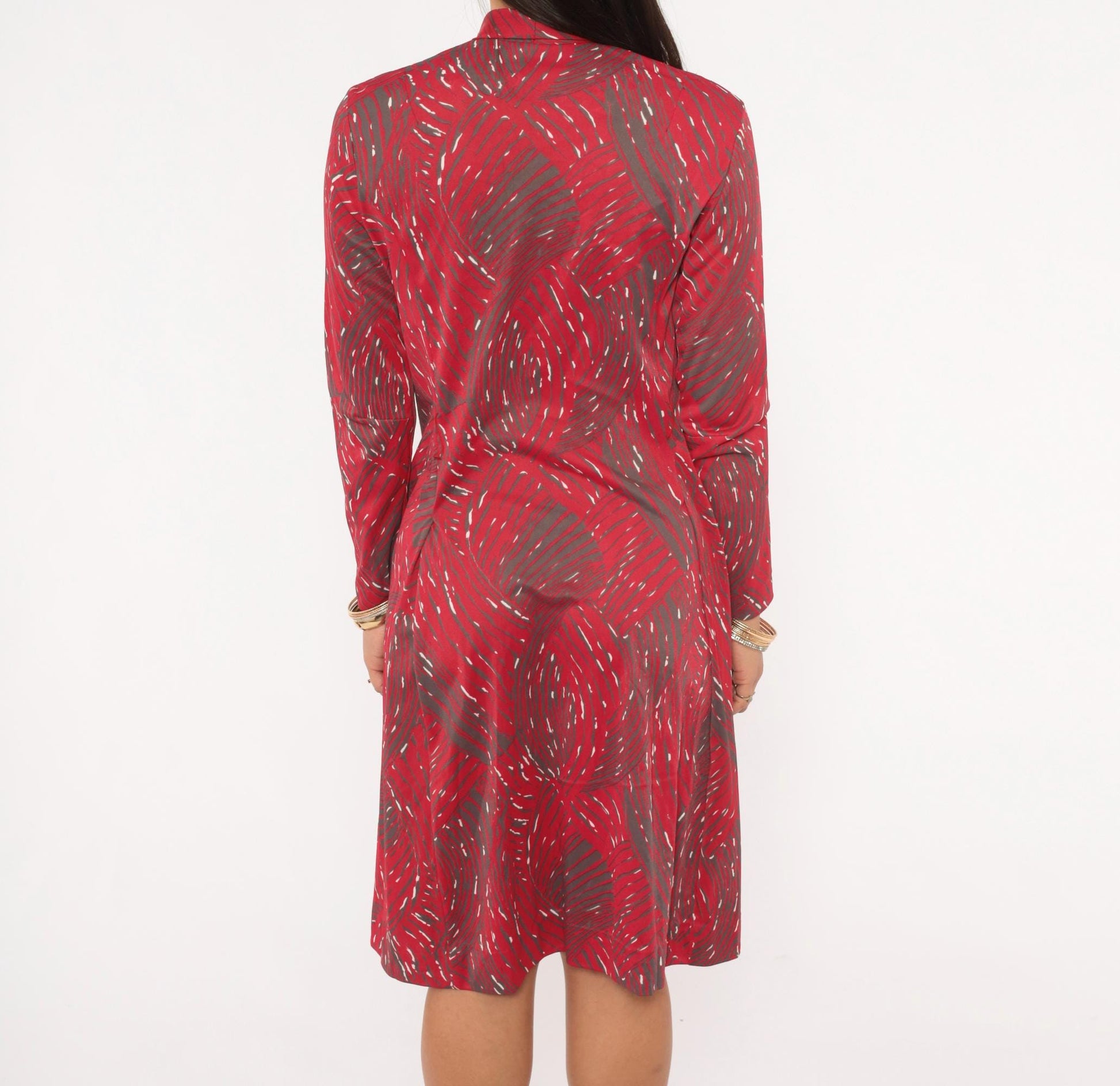 1960s Shelton Stroller Tie Bow Dress Red Grey Abstract Swirl Knee-Length Medium