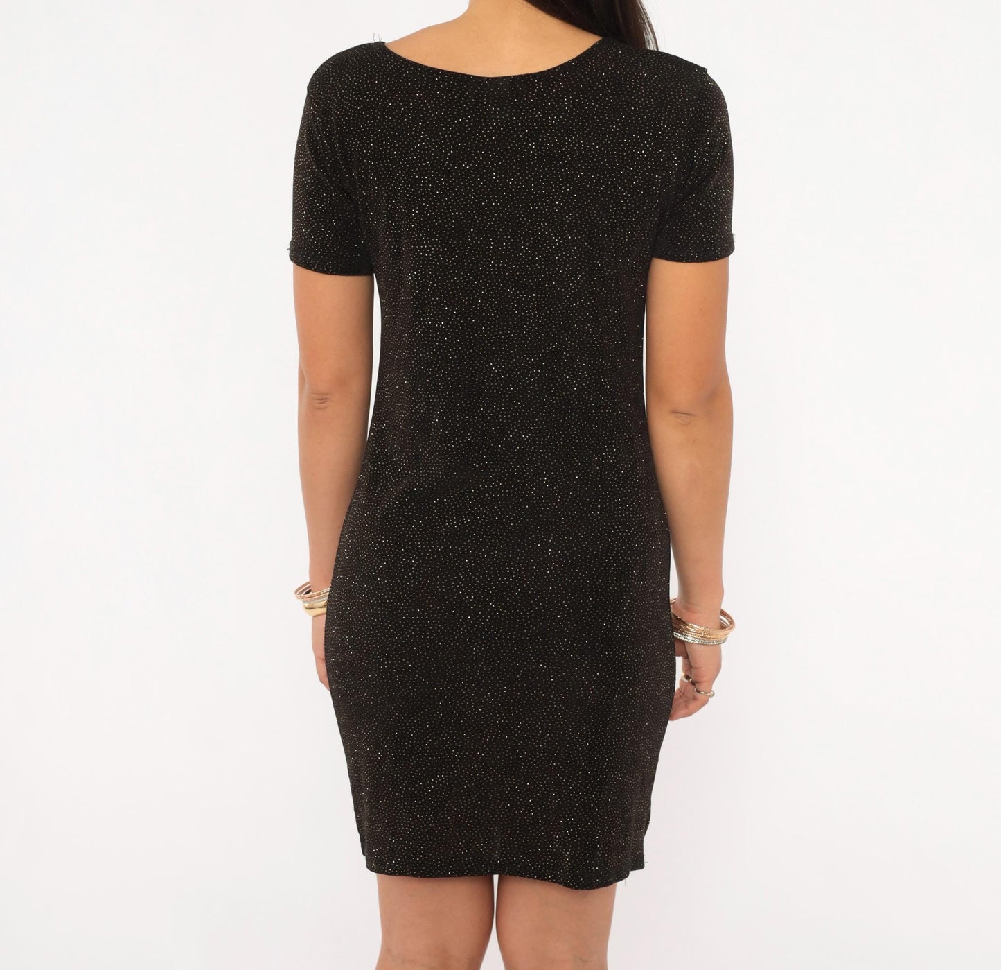 90s Novel-Tee Gold Glitter Black Bodycon Mini Dress Short Sleeve Large L