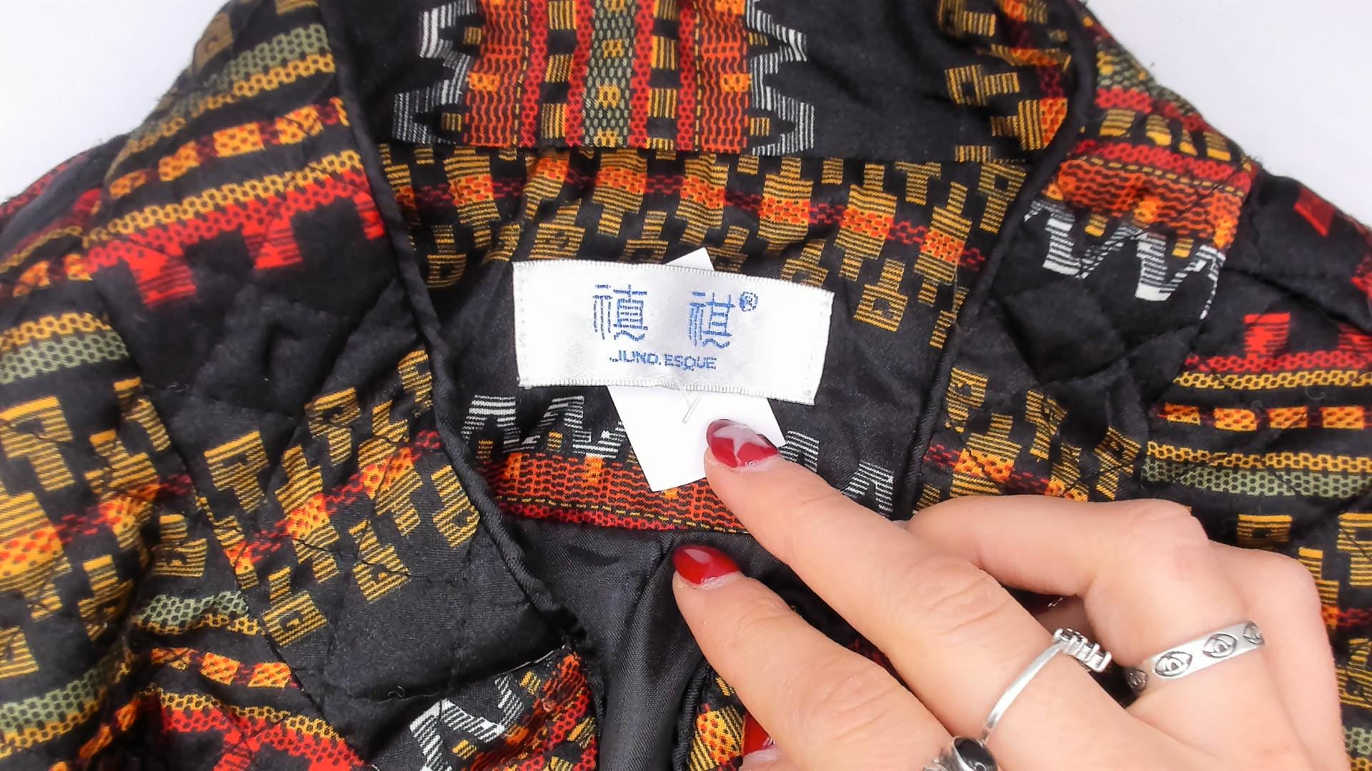 90s Juno Esque Quilted Jacket Mandarin Collar Tribal Stripe Black Gold Red Small