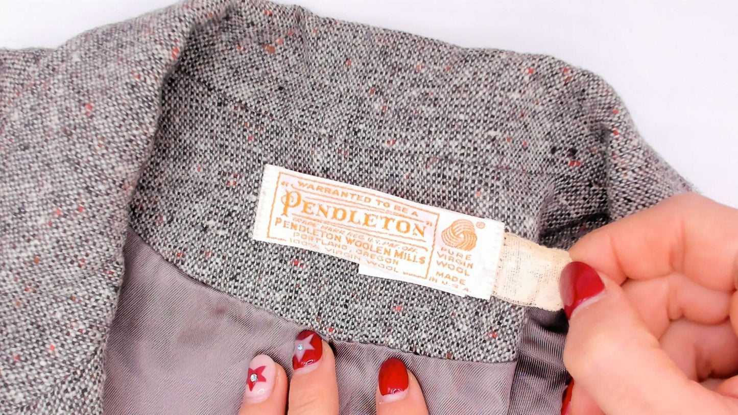 80s Pendleton Tweed Blazer Grey Wool Notched Lapel Fitted Small S