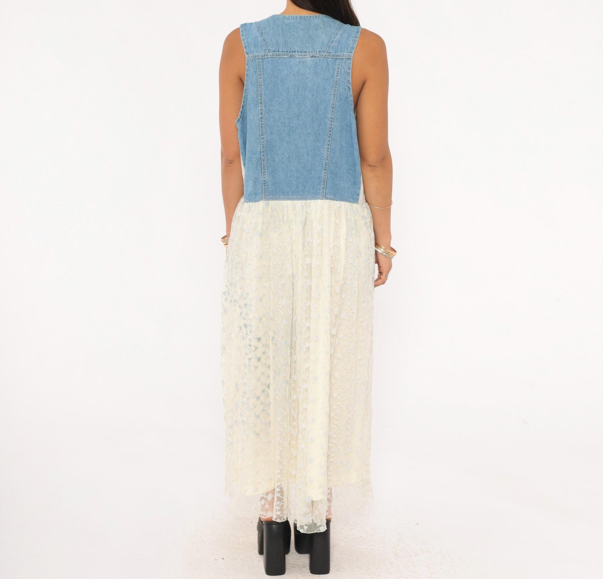 90s Modelle Designs Denim Lace Maxi Dress Sleeveless V Neck Floral Embroidered Cream Large L