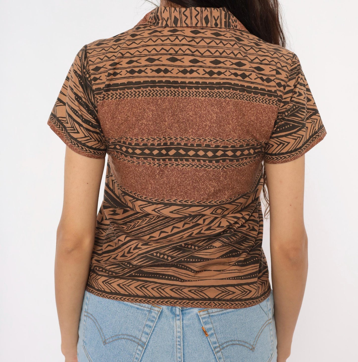 90s Tribal Print Button Camp Collar Shirt Brown Black Geometric XXS
