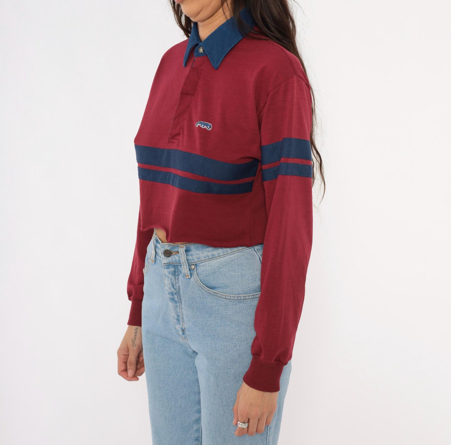 80s Burgundy Navy Stripe Cropped Rugby Polo Cotton Small Medium