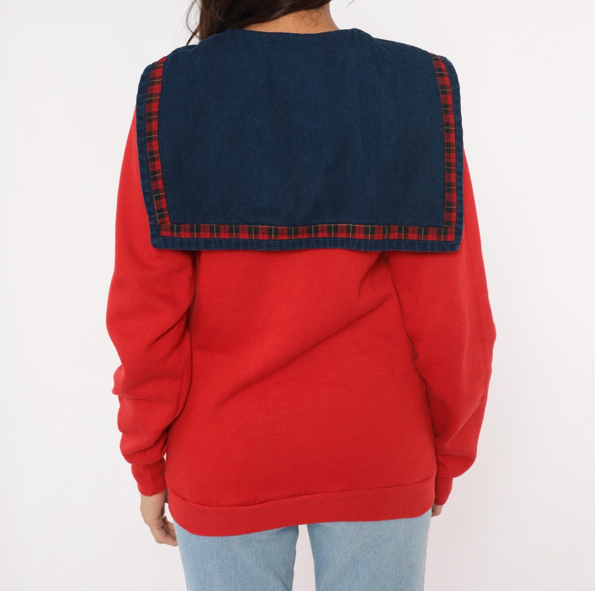 90s Jerzees Sailor Collar Sweatshirt Red Plaid Bow Denim Bib Medium M