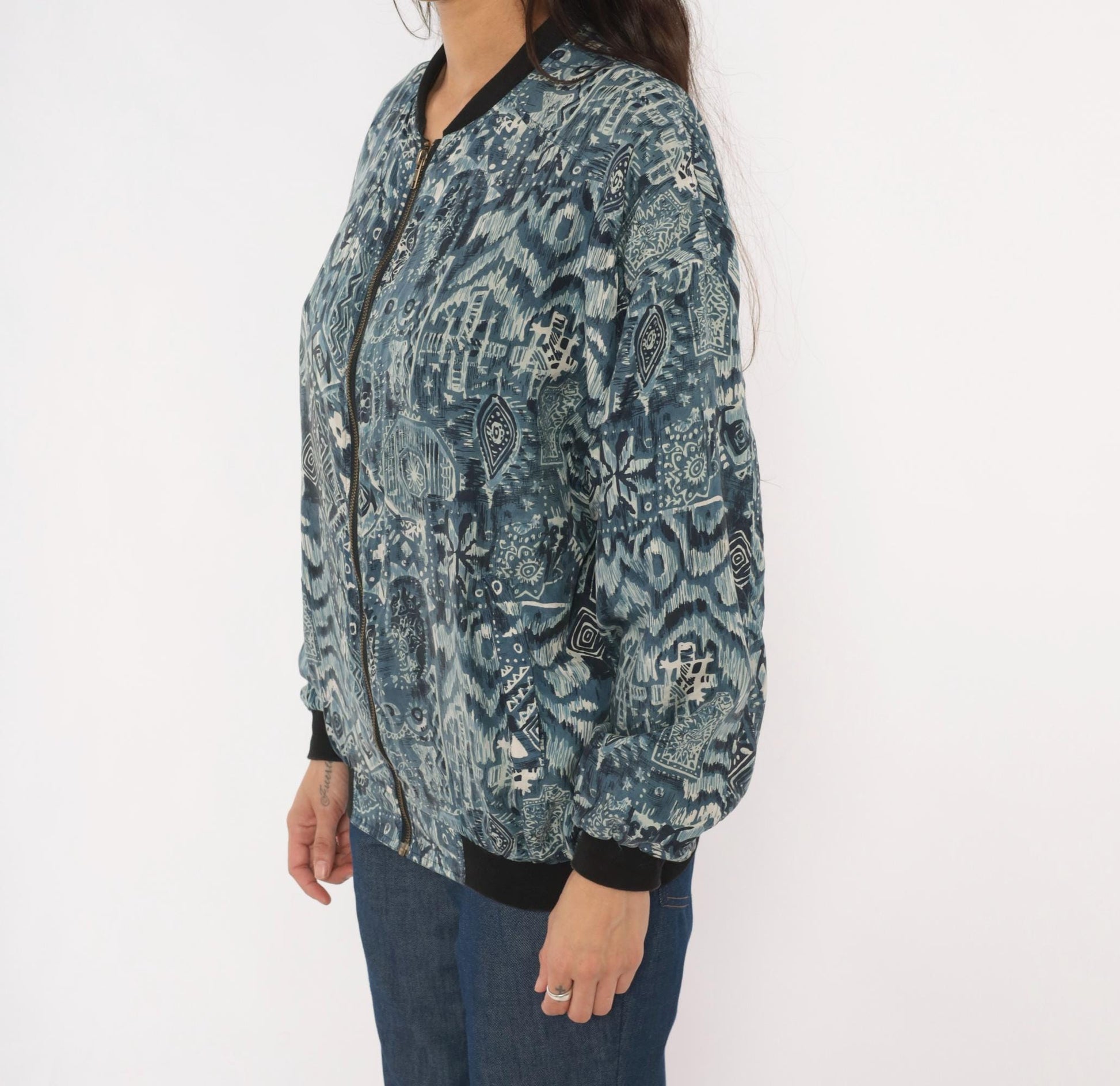 90s Silk Bomber Jacket Abstract Tribal Print Blue Grey Unisex Small