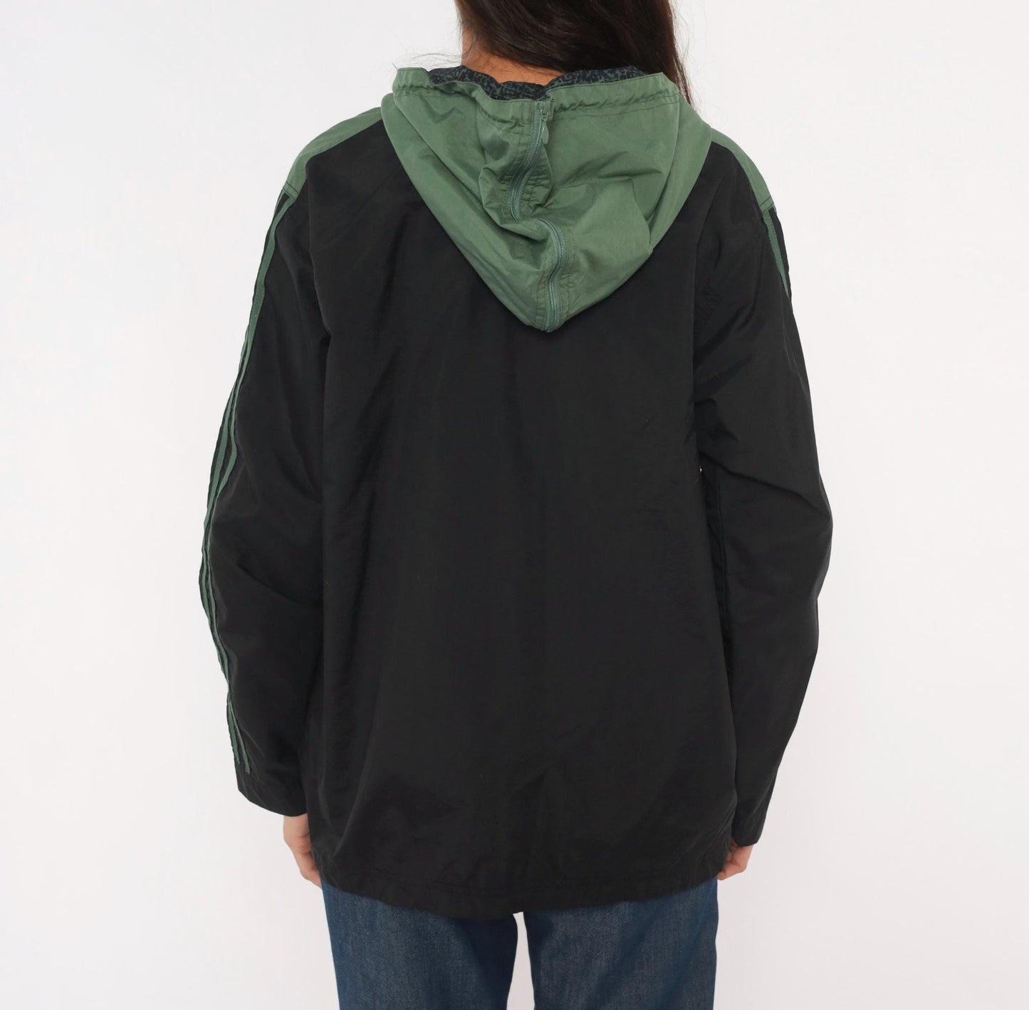 90s Adidas Pullover Windbreaker Black Olive Green Three Stripe Hooded Anorak Large L
