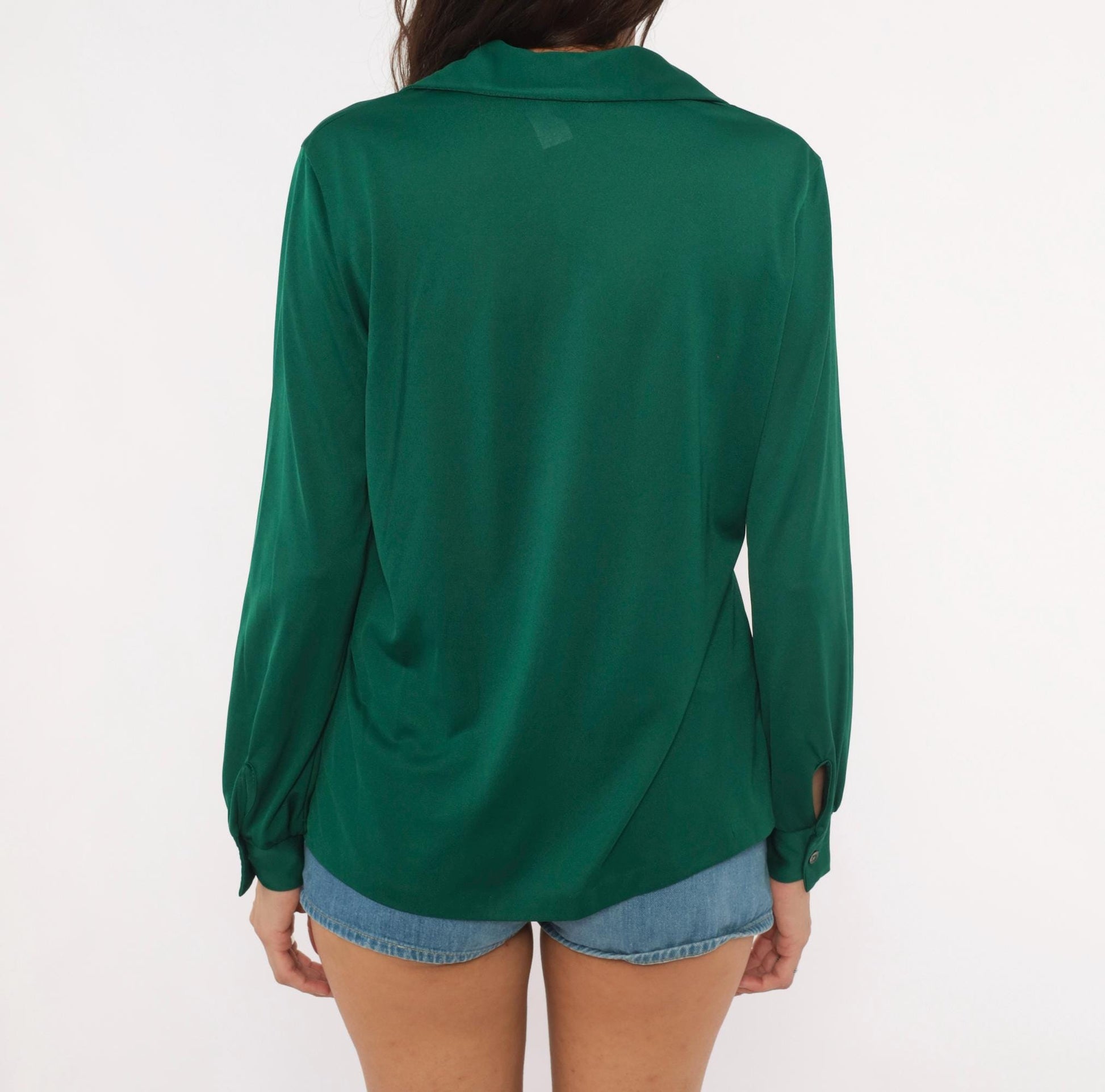 70s Sears Emerald Polo Blouse V-Neck Spread Collar Balloon Sleeve Large