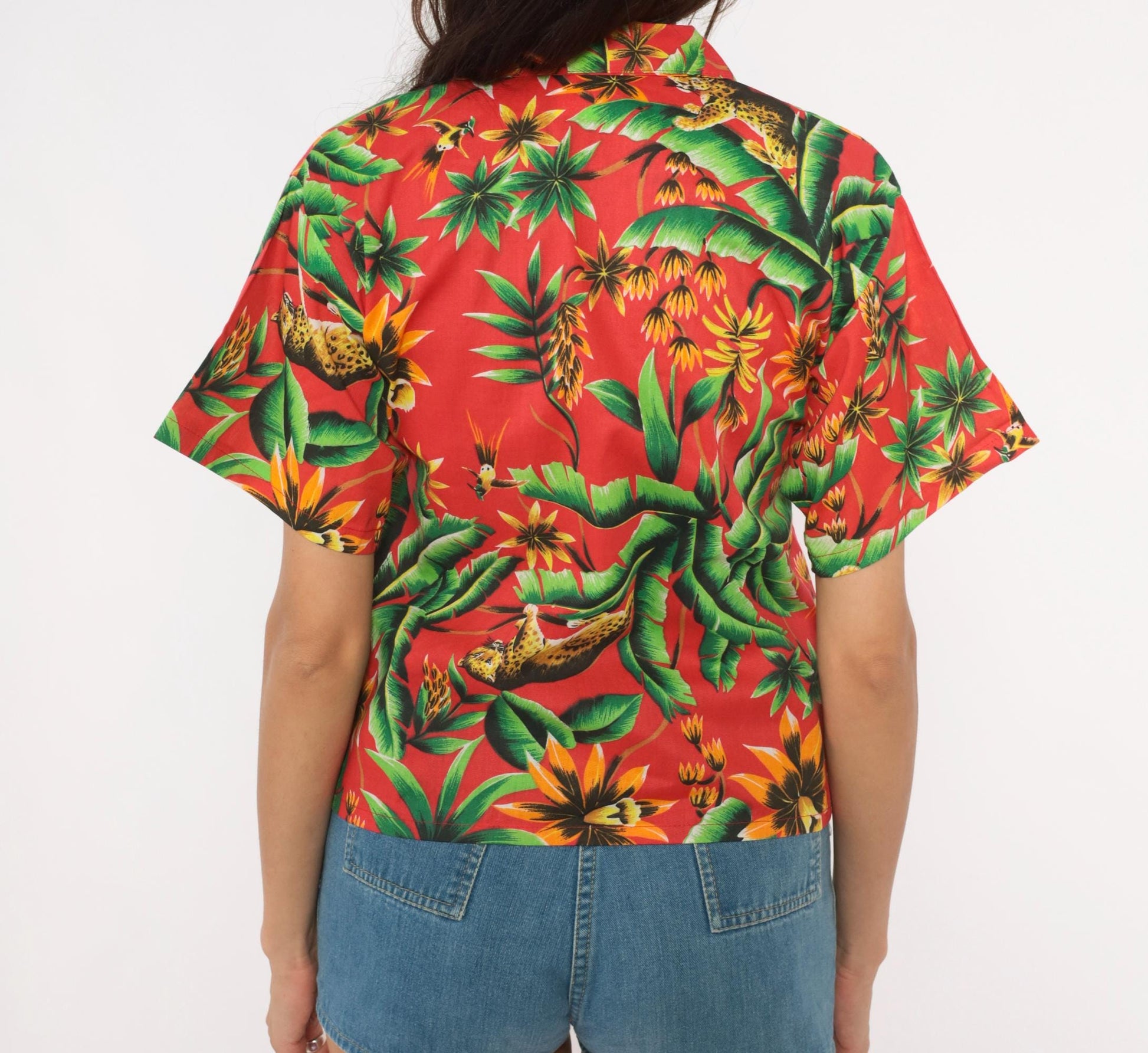 80s Jungle Leopard Hawaiian Shirt Red Tropical Cotton Rayon Camp Collar Extra Small XS