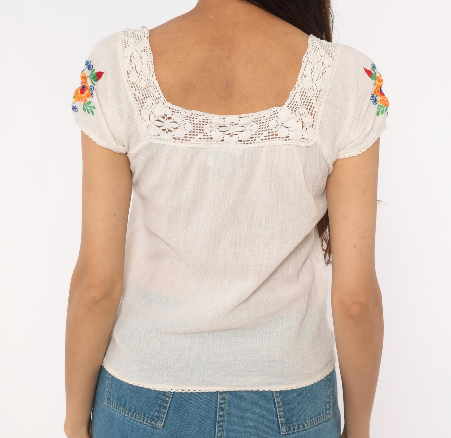 2000s Delias Peasant Blouse Embroidered Floral Crochet Cream Cotton XS