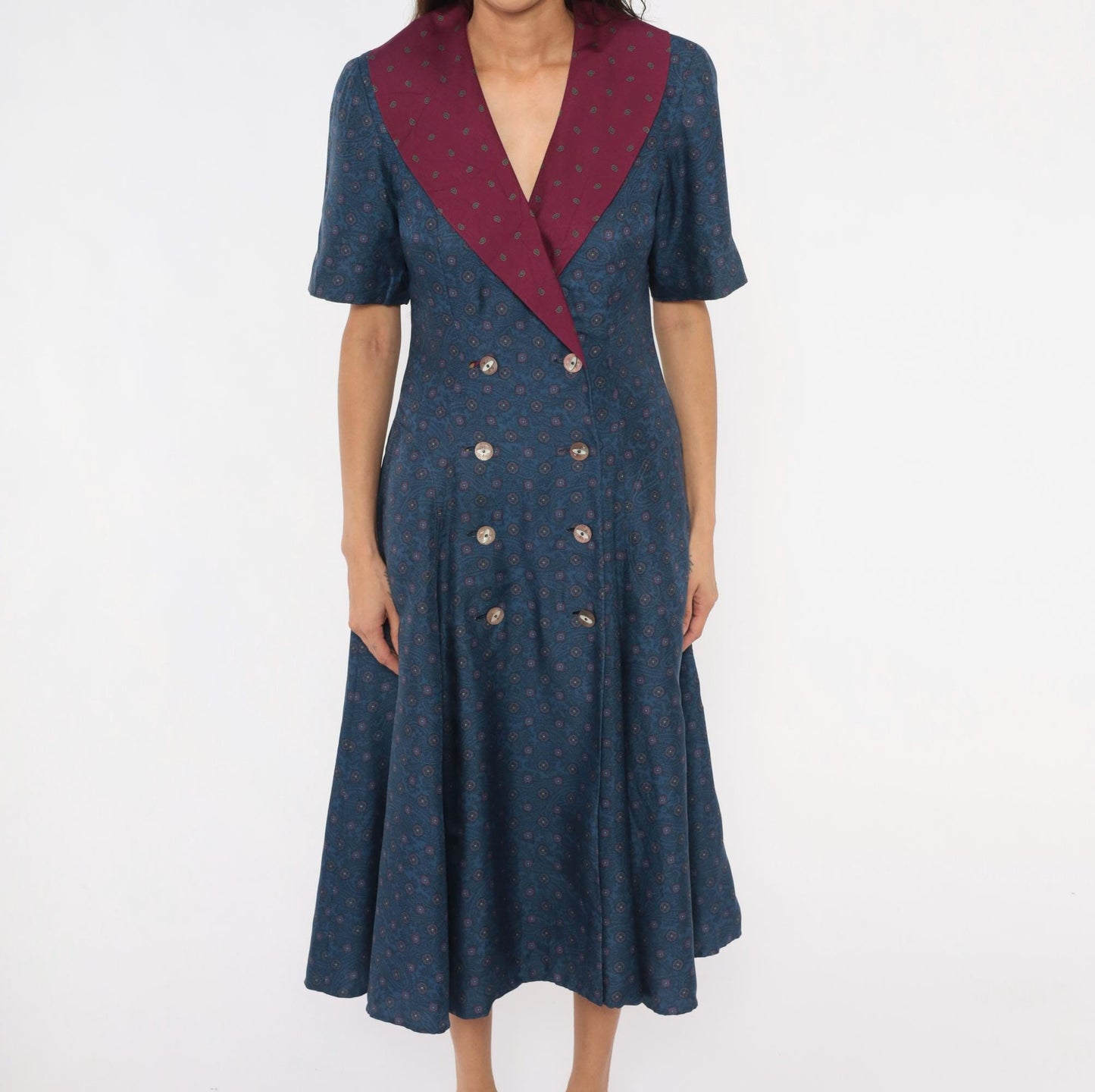 90s Donna Fredericks Navy Paisley Midi Dress Burgundy Shawl Collar Medium M