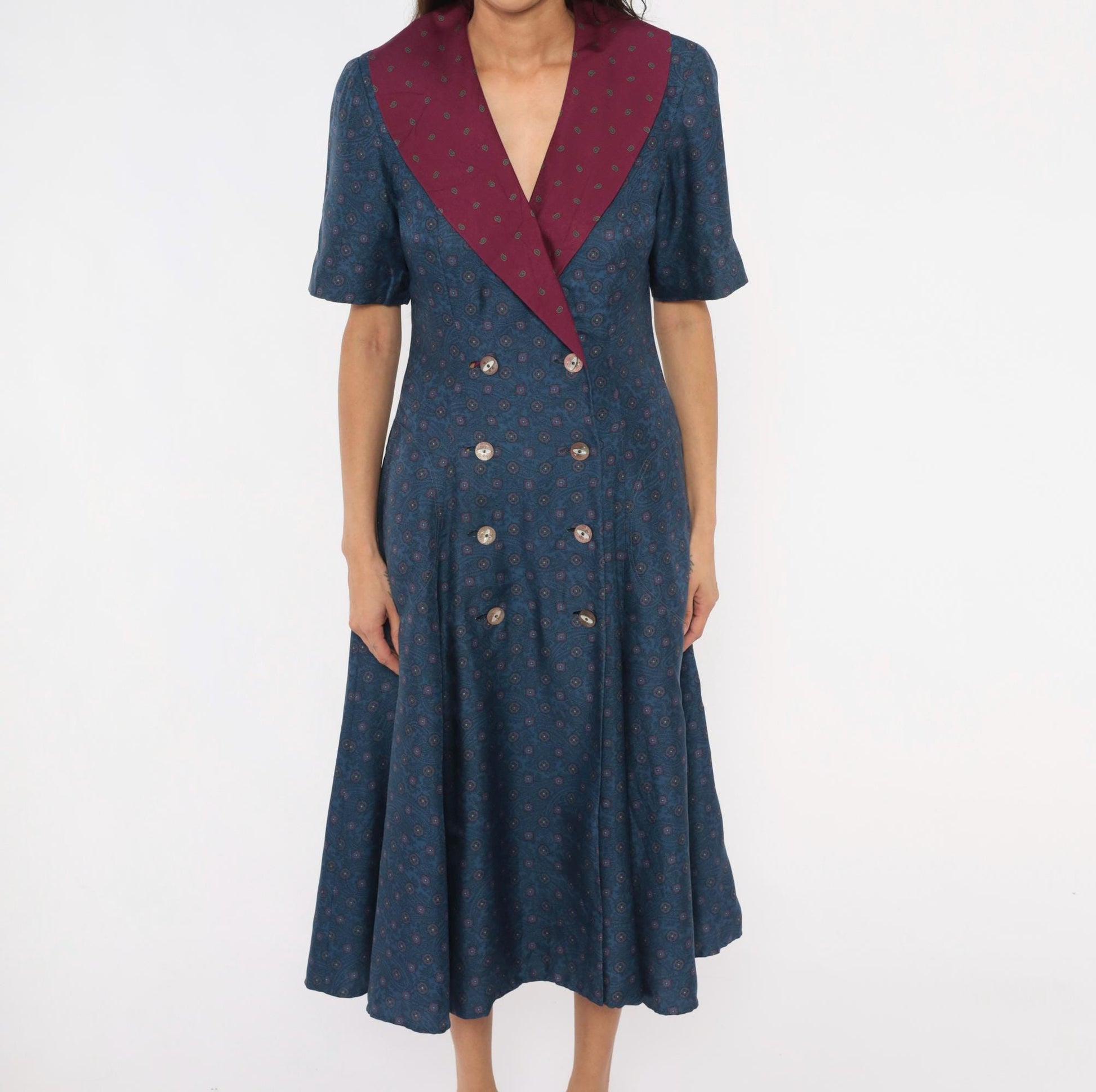 90s Donna Fredericks Navy Paisley Midi Dress Burgundy Shawl Collar Medium M