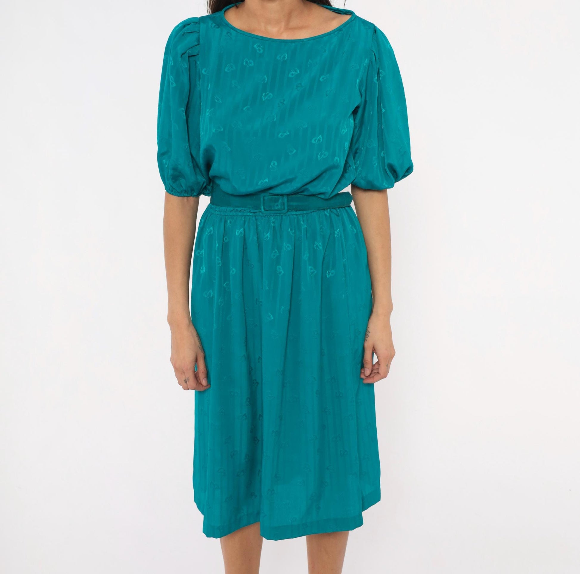 80s Liz Roberts Teal Jacquard Dress Puff Sleeve Boat Neck Knee-Length Medium