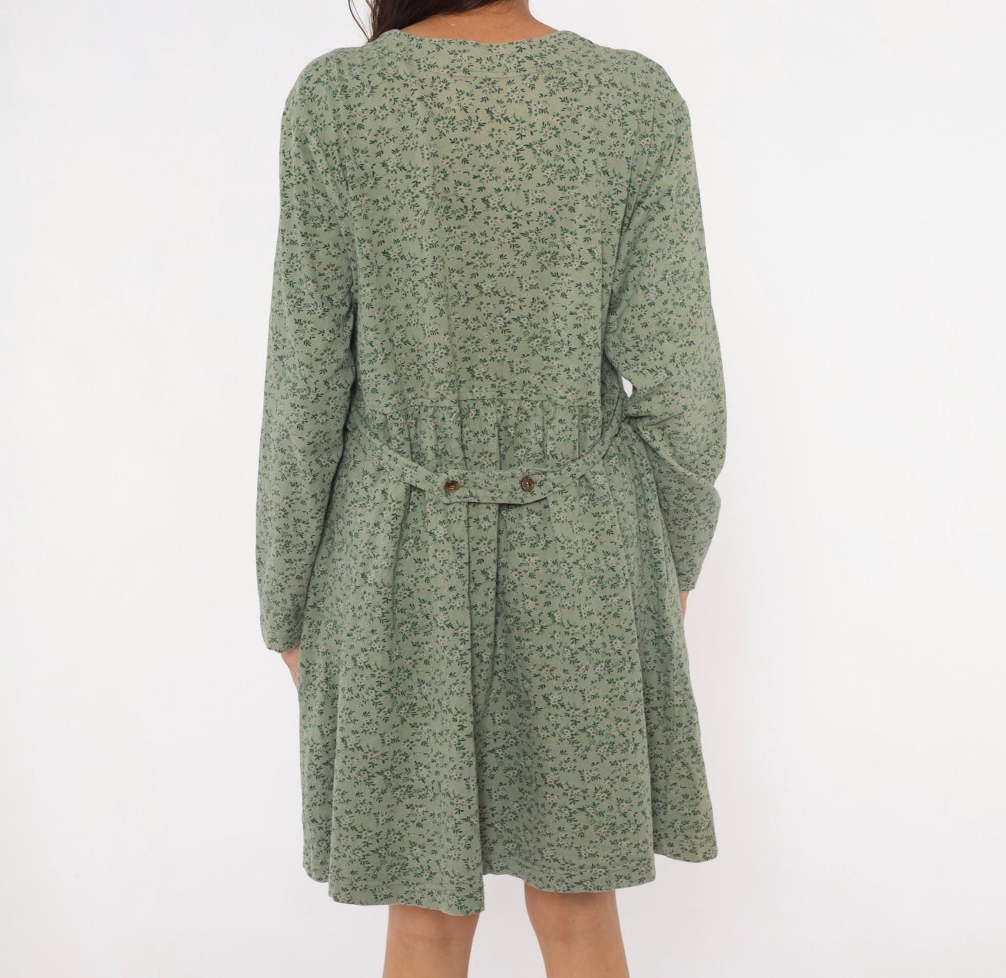 90s Sage Green Floral Button Front Dress Long Sleeve Cotton Prairie Gathered Waist Large L